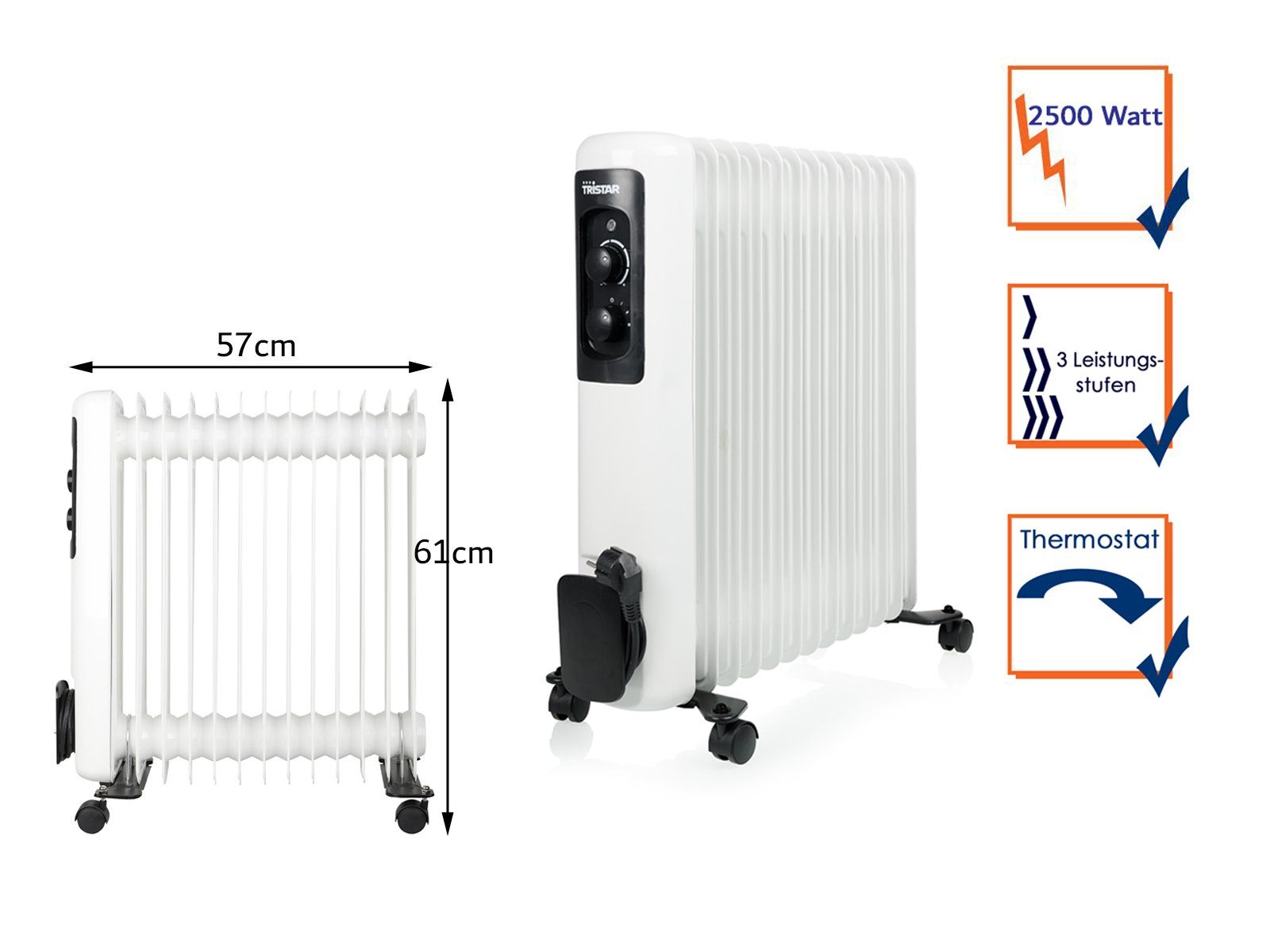 Tristar Ölradiator, 2500 W, Elektro Heizkörper 13 Rippen mobile Elektroheizung leise Heizradiator