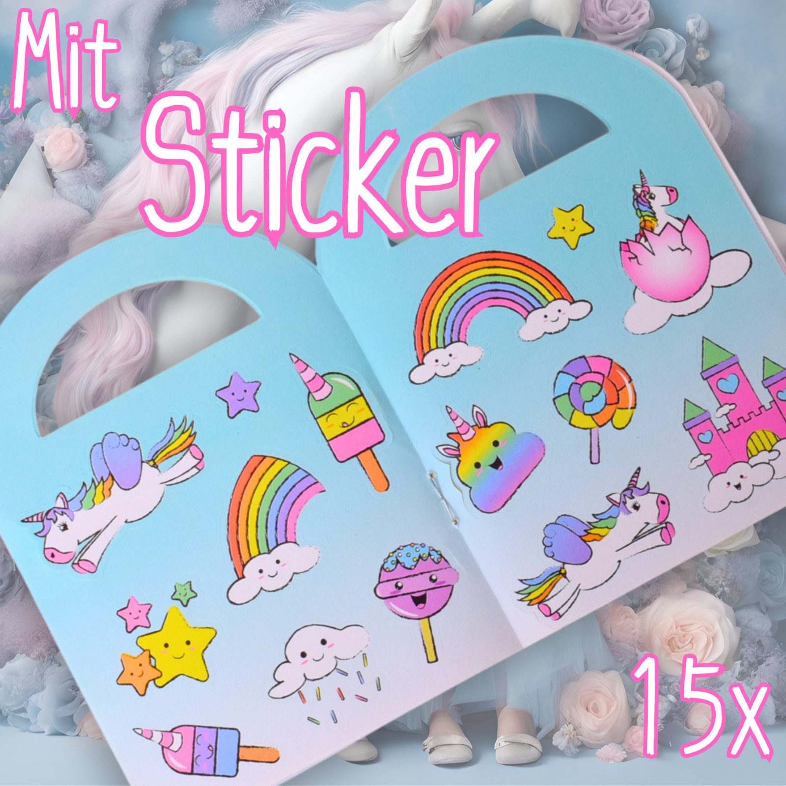 TE-Trend Stickerbuch 12 Stück Einhorn Motiv Malheft Ausmalheft Set im Kleinformat, mit 15 Stickern