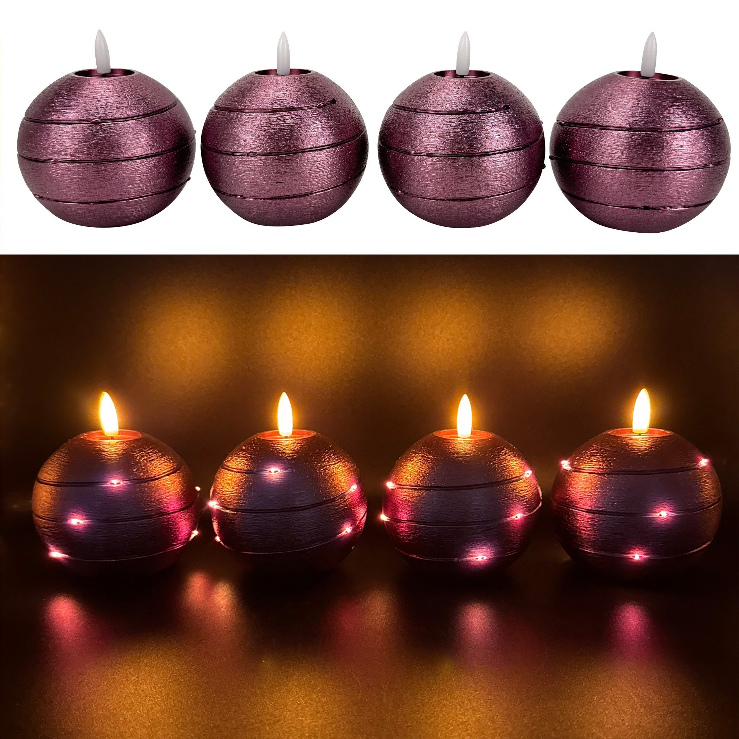 Online-Fuchs LED-Kerze 4 runde Kugelkerzen aus Echtwachs mit Timer & LED-Lichterkette, realistische Kerzenflamme, warmweiße Flamme und Lichterkette, praktische 6-Stunden Timerfunktion enthalten