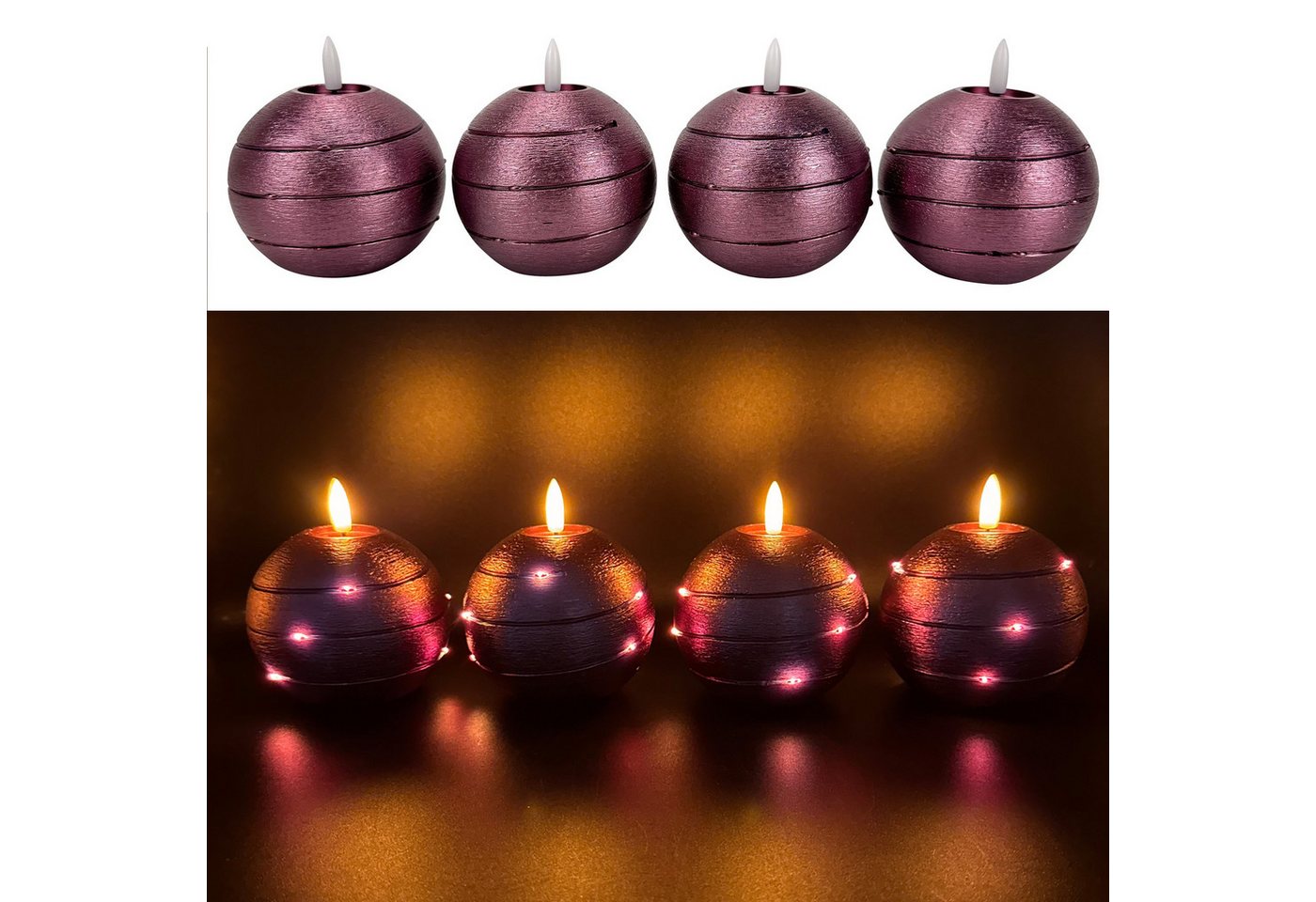 Online-Fuchs LED-Kerze 4 runde Kugelkerzen aus Echtwachs mit Timer & LED-Lichterkette, realistische Kerzenflamme, warmweiße Flamme und Lichterkette, praktische 6-Stunden Timerfunktion enthalten