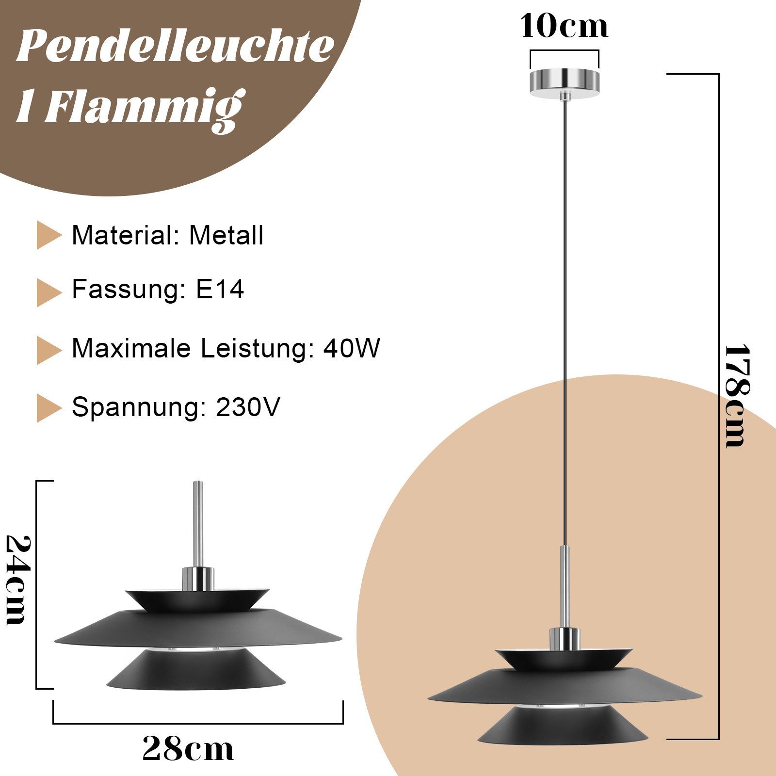 Flammig ohne Wohnzimmer, LED Schwarz ZMH Esstischlampe 1 E14 Vintage Hängelampe Höhenverstellbar, Leuchtmittel, Esszimmer Pendelleuchte schlafzimmer Küche für Hängeleuchte