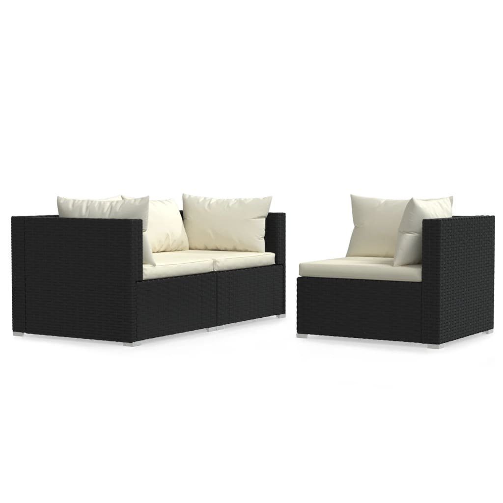 vidaXL Loungesofa 3-tlg. Garten-Lounge-Set mit Schwarz Creme Rattan, Auflagen Poly Schwarz 1 Teile und