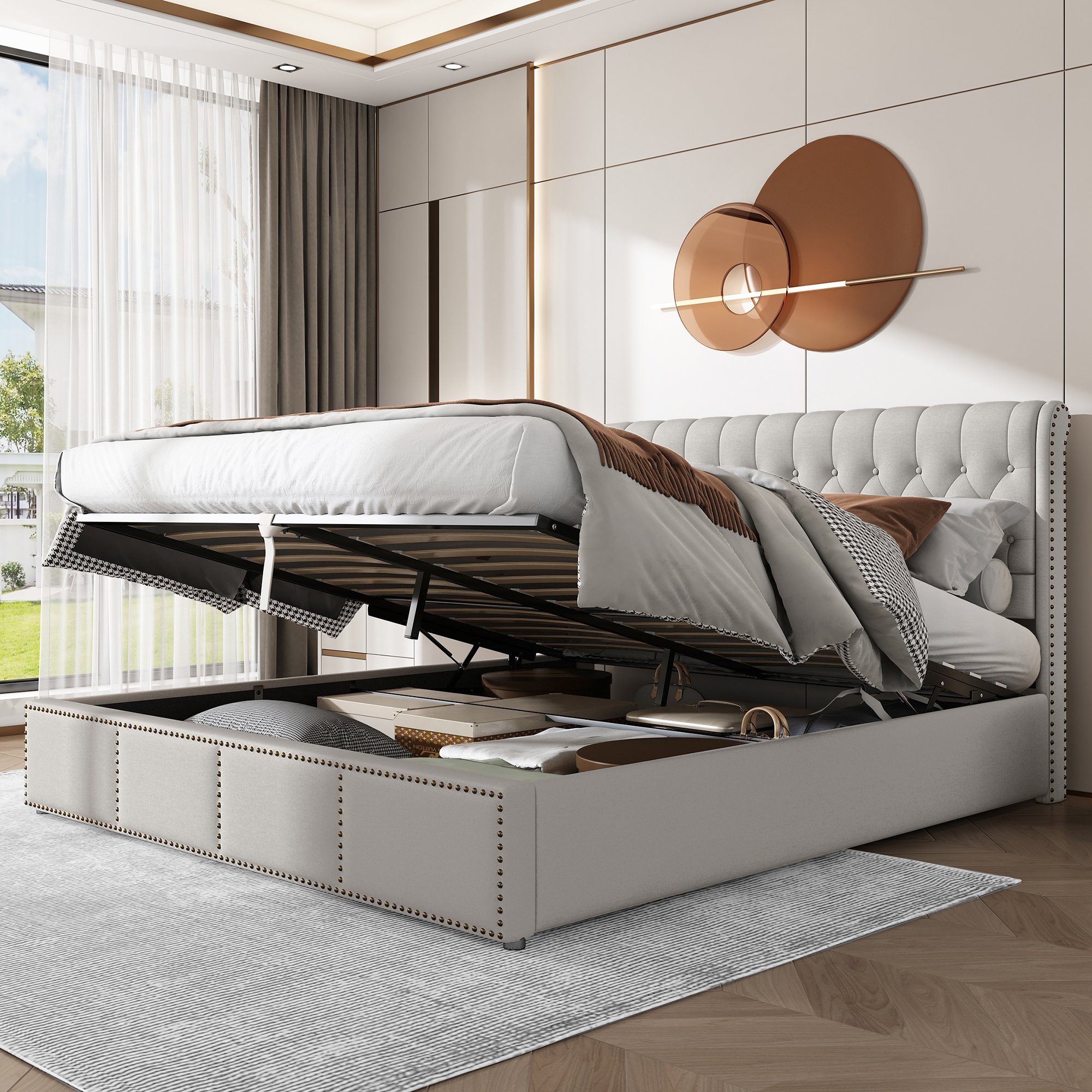 REDOM Polsterbett Doppelbett (160 x 200 cm, ohne Matratze), Baumwolle-Leinen, mit Hydraulikhebel, Aufbewahrung von Bettkästen, Beige
