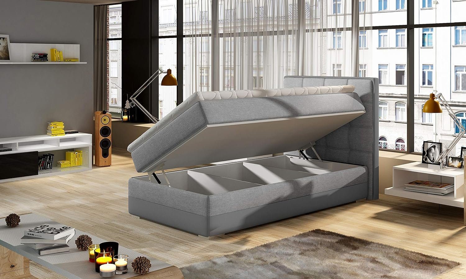 Best for Home Boxspringbett mit Bettkasten, Bonellfederkern und 4 cm Topper (Komplettes Bettset (Boxspringsystem mit Matratze, Topper und Untergestell), 90 x 200 cm, Öffnung nach links oder rechts), Lieferung Wohnung und Aufbauservice, TOP Preis-Leistungs-Verhältnis