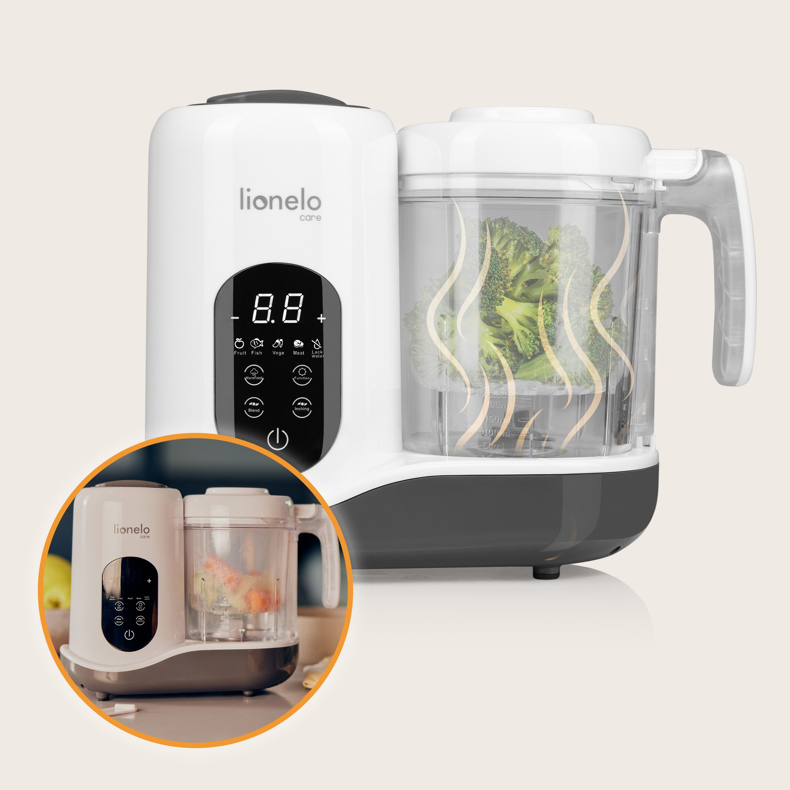 lionelo Babynahrungszubereiter LOC-BABY MENU, 300,00 W, 0,90 l Schüssel, 4 Programme/Entfrosten/Sterilisieren/Mixer/Touchscreen/900ml – Bild 2 von 5