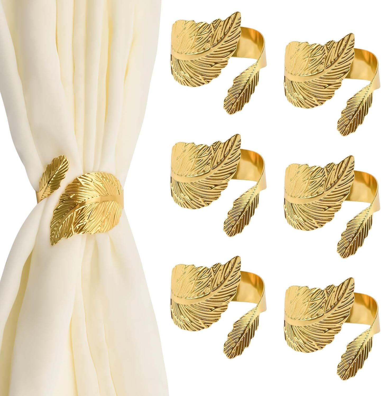 AURIVION Raffhalter Vorhang-Raffhalter 6er Set Gold, Blatt-Design, Gardinenhalter, Wohnzimmer, Schlafzimmer, Büro, Esszimmer und Hotelzimmer mit Vorhängen oder Gardinen., (Set, 6-tlg., 6 × Vorhang-Raffhalter in Goldoptik), Einfache Anwendung ohne Bohren