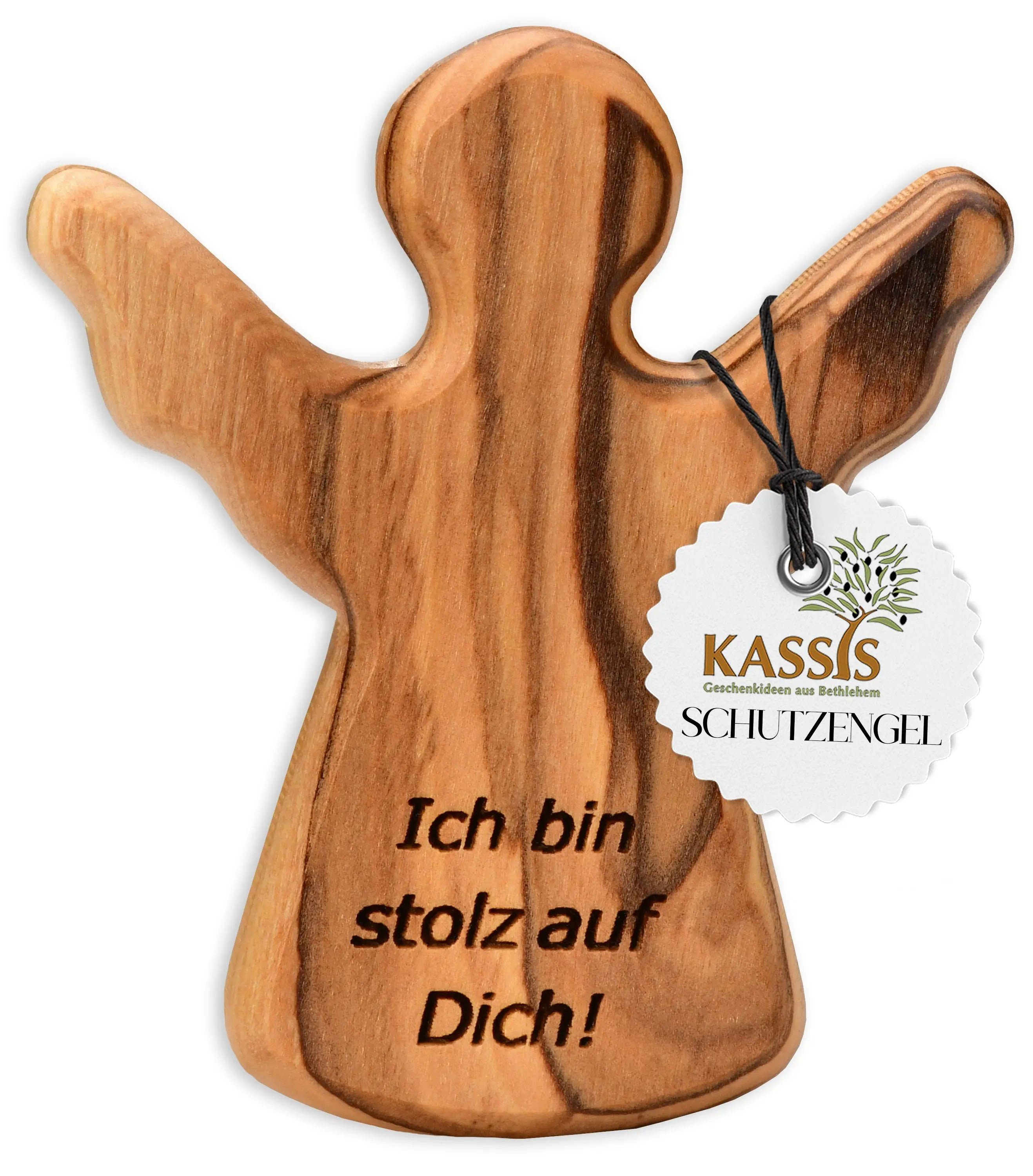 Kassis Engelfigur Schutzengel als Handschmeichler mit Spruch "Ich bin stolz auf dich", Olivenholzdeko, handgemacht, aus Bethlehem, Glücksbringer