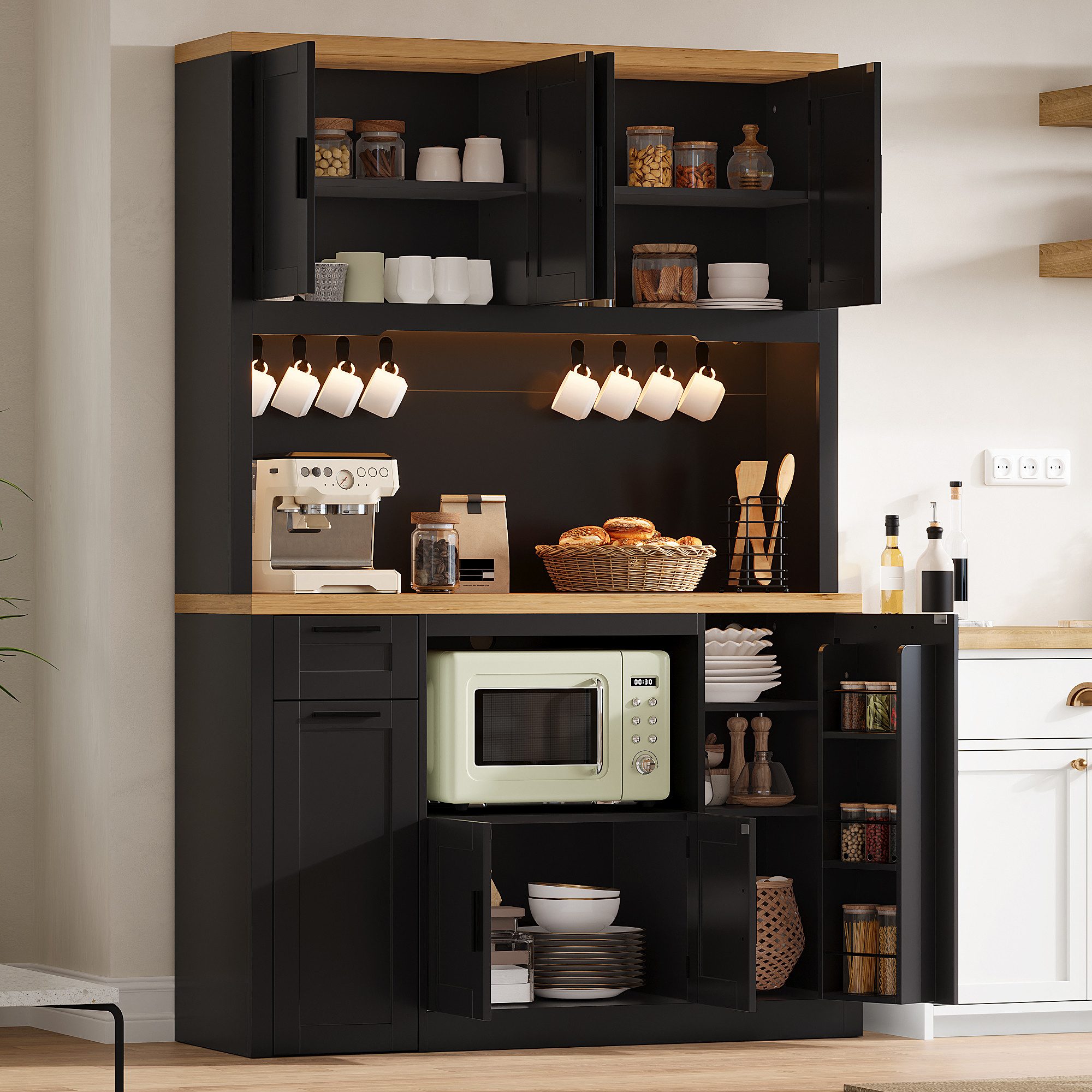 Flieks Küchenbuffet Hochschrank mit Arbeitsplatte Natur, LED-Beleuchtung, Steckdosen (120x40x182 cm, 1-St., Mehrzweckschrank mit verstellbarer Einlegeböden, Ladenfunktion) multifunktional Vorratsschrank mit Haken, 3-stufige Schubladen Schwarz