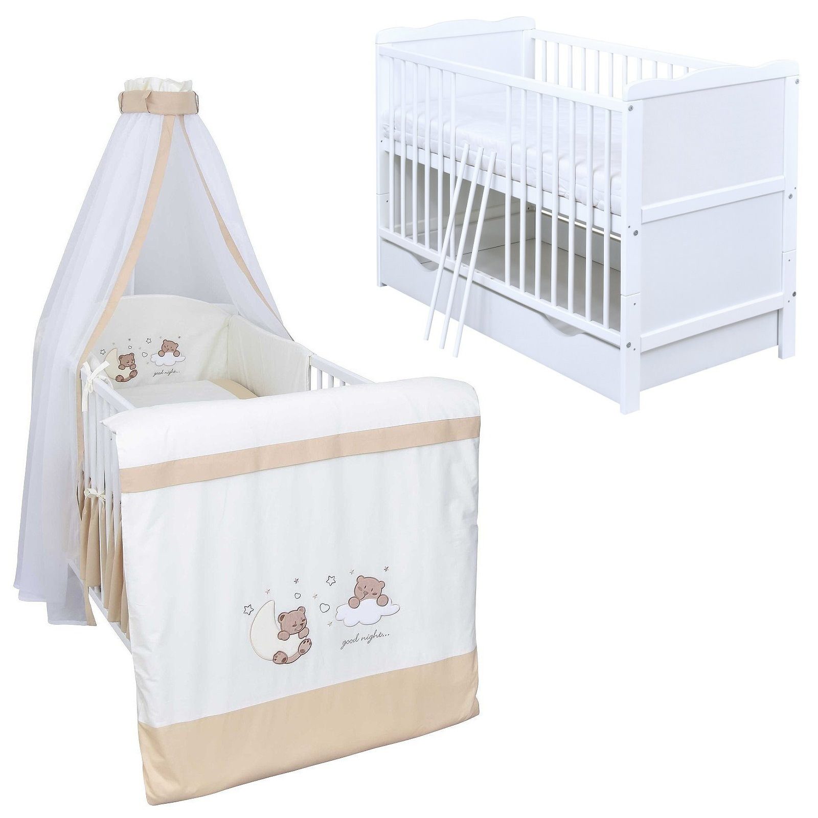 Baby-Delux Komplettbett Babybett Jack Schublade Komplettset, 11-tlg., Kinderbett 70x140 cm weiß, Bettset verschiedene Designs