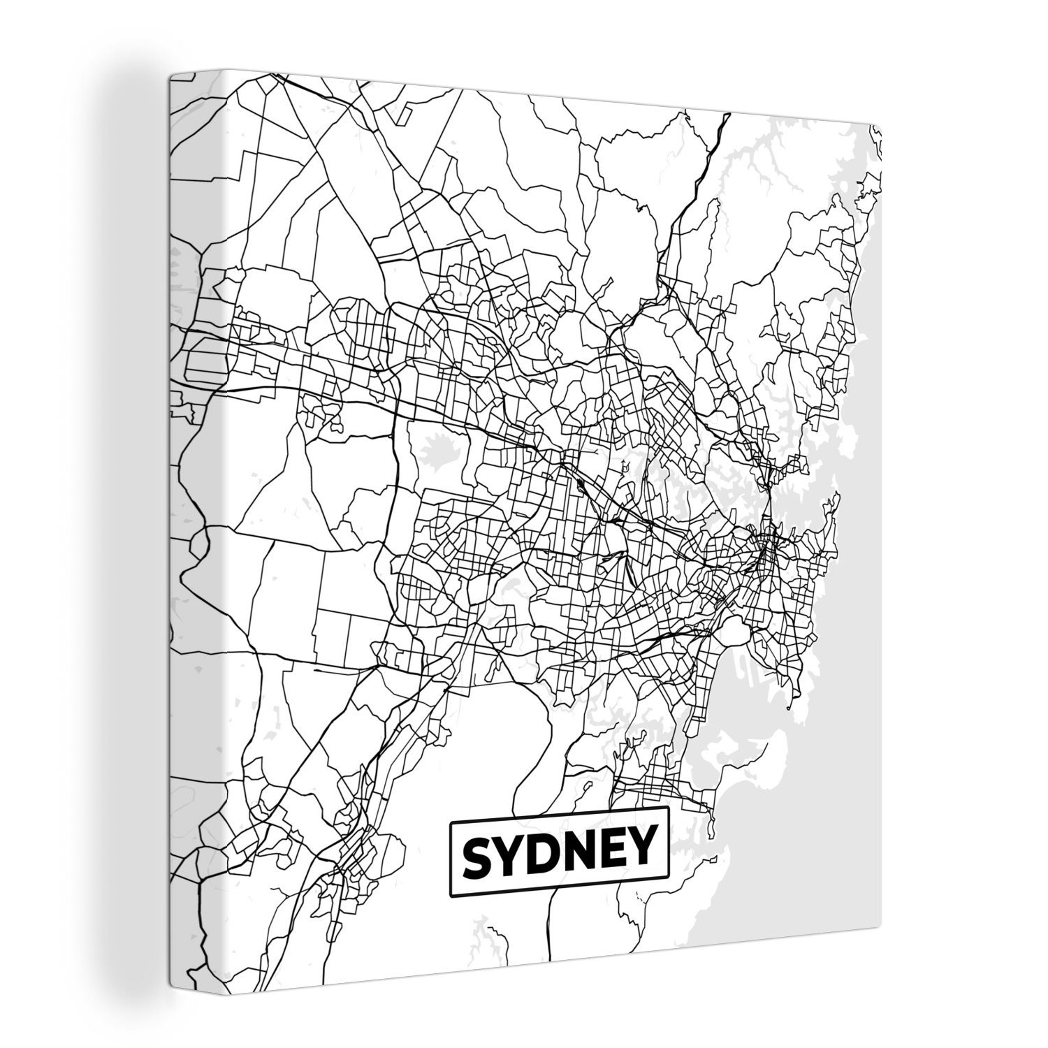 OneMillionCanvasses® Leinwandbild Karte - Sydney - Stadtplan - Schwarz und weiß, (1 St), Leinwand Bilder für Wohnzimmer Schlafzimmer