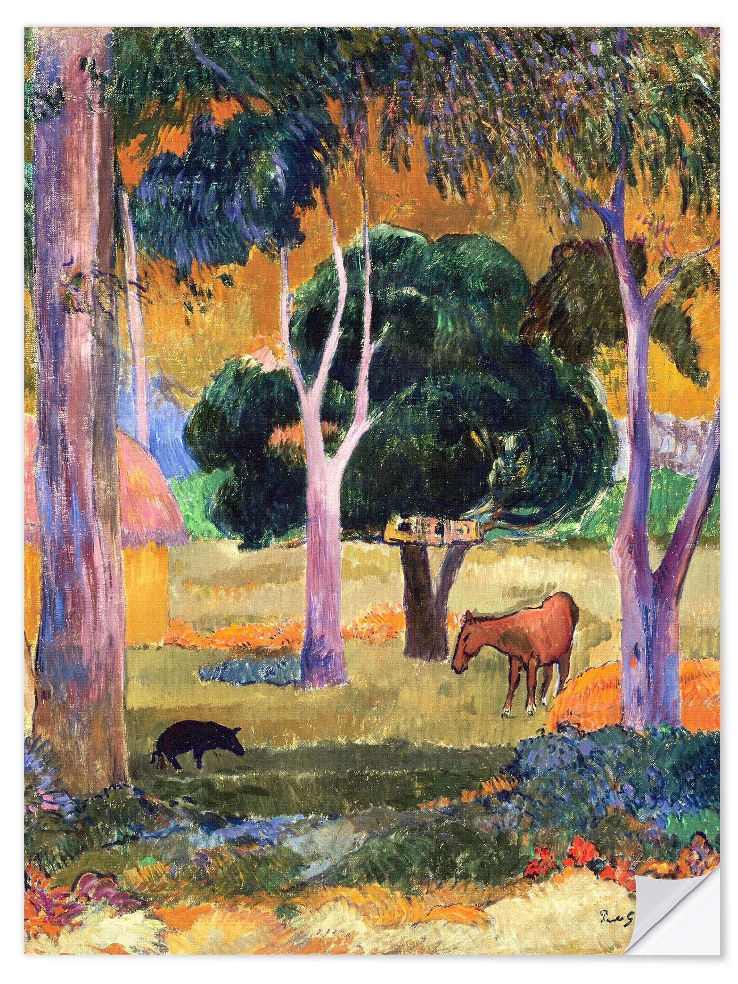 Posterlounge Wandfolie Paul Gauguin, Landschaft mit einem Schwein und einem Pferd (Hiva Oa), Malerei