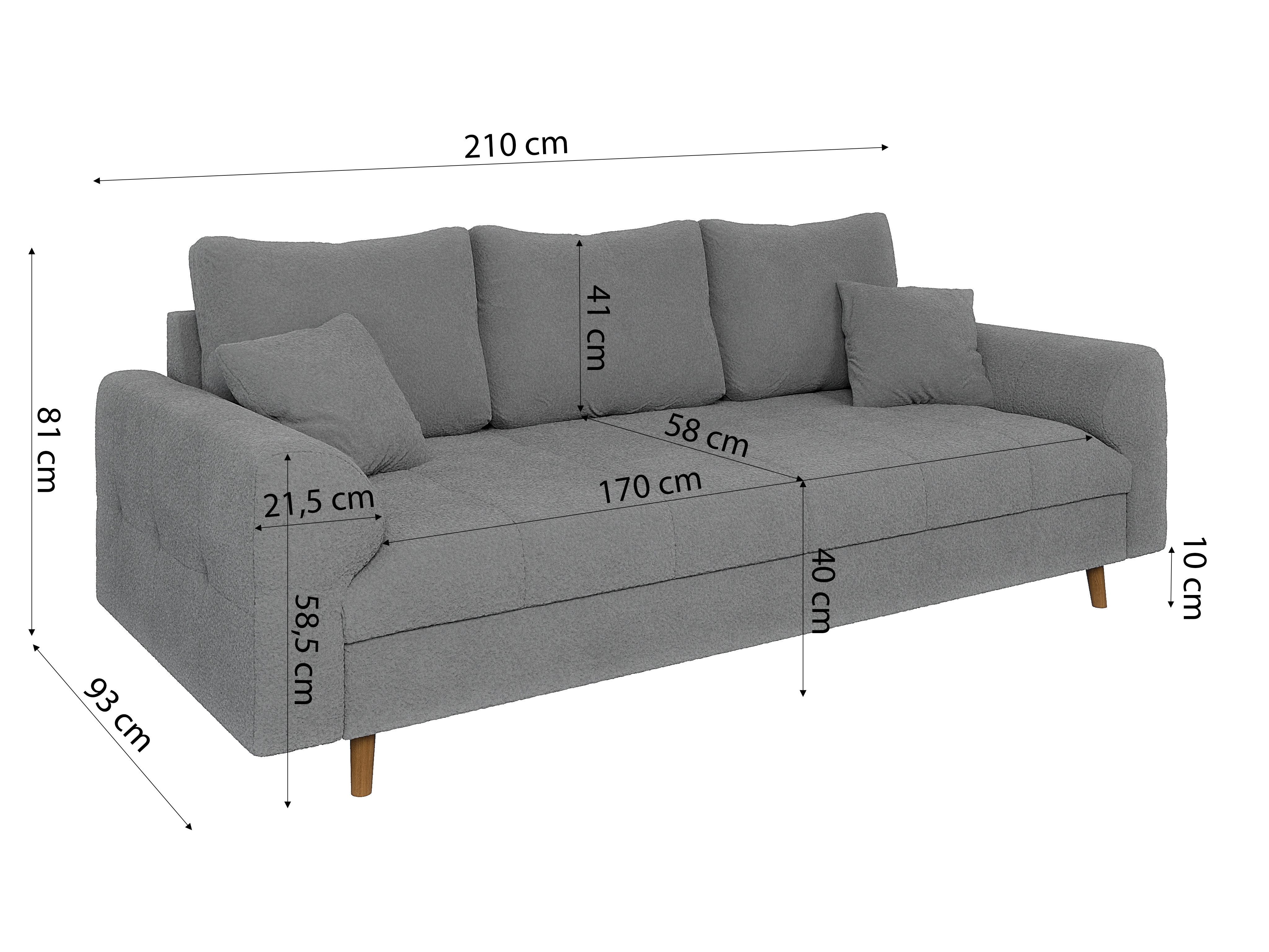 S-Style Möbel 3-Sitzer Sofa Leif mit Holzfüßen im skandinavischen Stil aus Boucle-Stoff, mit Wellenfederung
