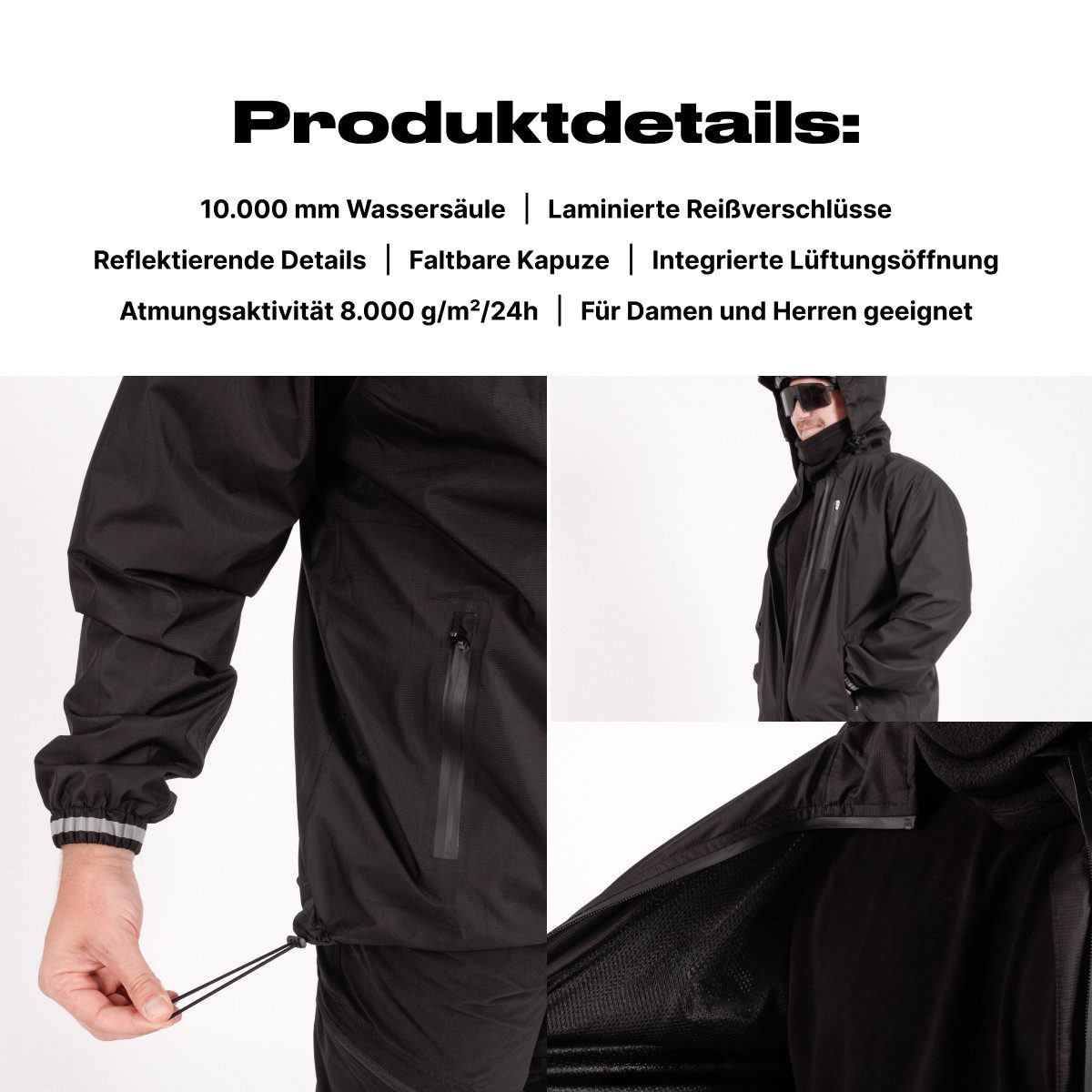 Alpensattel Regenjacke Rainshield - Wasserdichte Regenjacke (Einzeljacke, 1) Reflektierend, atmungsaktiv, wasserdicht, leicht, mit Kapuze