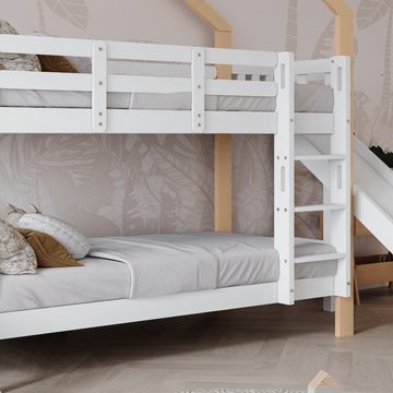 Ulife Etagenbett Kinderbett Hausbett mit Rutsche und dreistufiger Winkelaufstiegsleiter, Weiß+Natur, 90x200cm