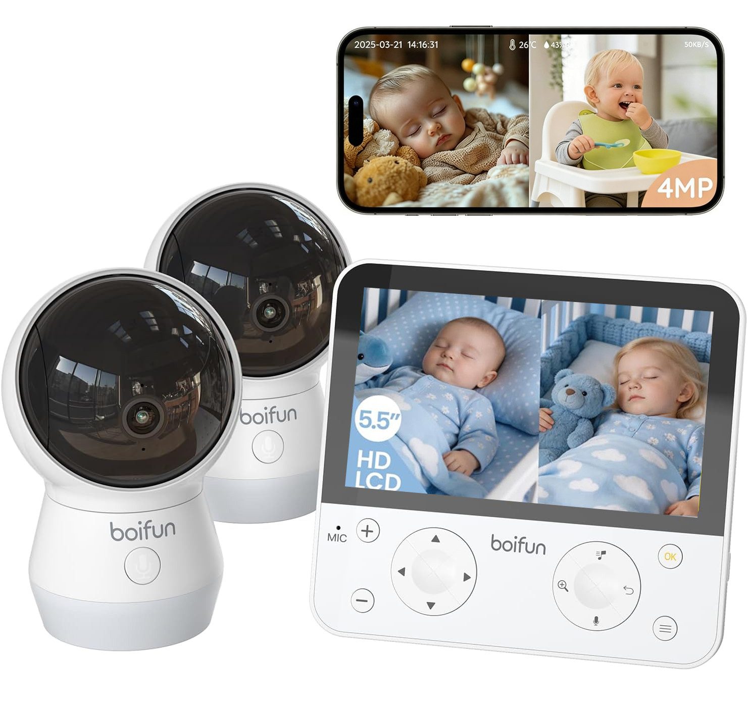 Boifun Babyphone 4MP Babyphone mit 2 Kameras App, Split-Screen-Ansicht, KI/Weinen/Bewegungs/Geräuscherkennung, Intelligente Nachtsicht, Automatische Verfolgung, PTZ 345°/65°, 5.5" Video Babyfon WLAN, geteiltem Bildschirm, Schwenk-Neige-Zoom-Funktion