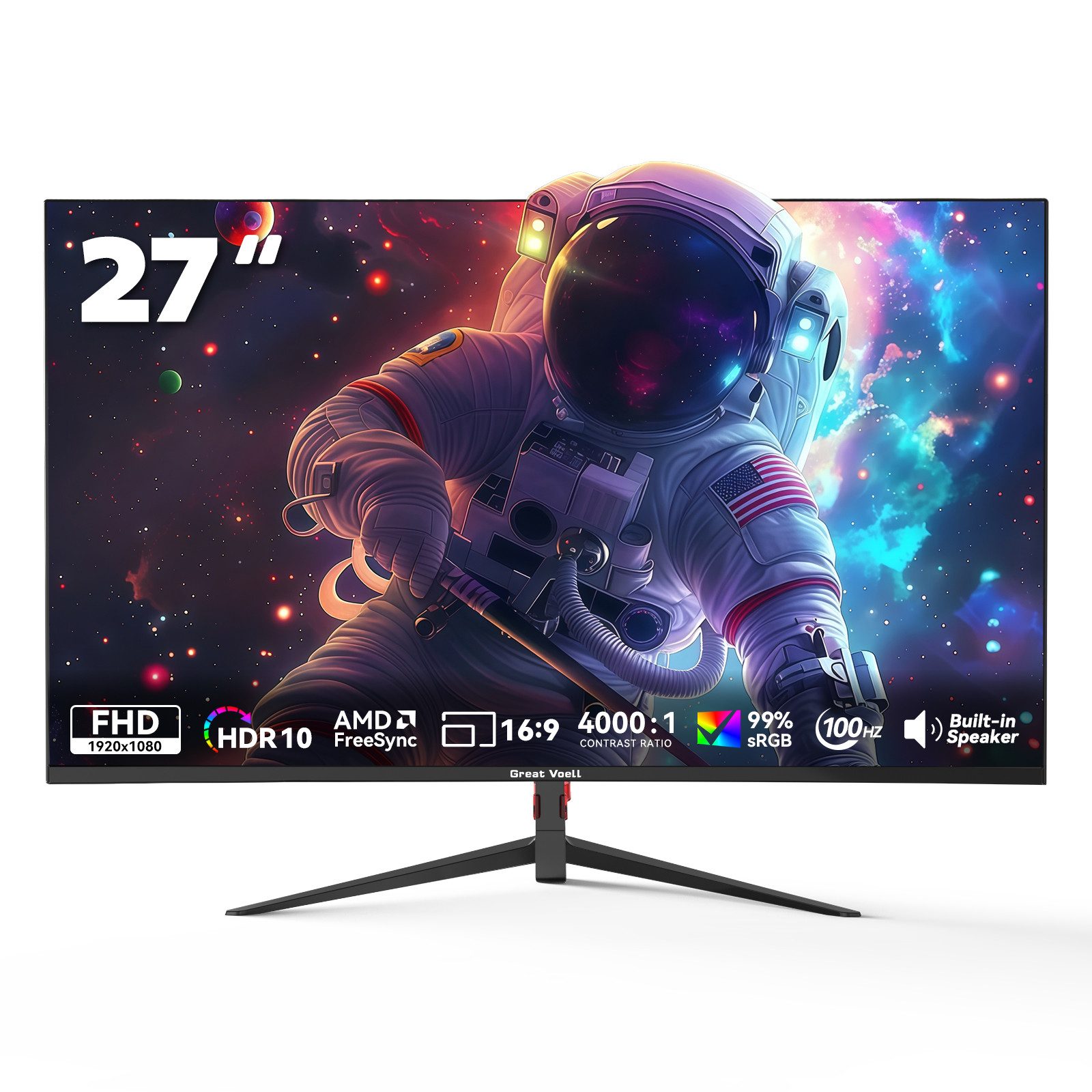 Great Voell 27 Zoll FHD 1080P Monitor, 100 Hz, VA-Panel Home Office Gaming-Monitor (68,6 cm/27 ", 1920 x 1080 px, FHD, 1 ms Reaktionszeit, 100 Hz, VA LED, HDR10, 100 Hz, Rahmenloses Design, VESA, Home Office)