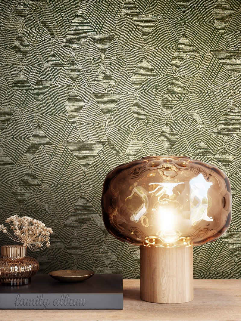 Newroom Vliestapete, Grün Tapete Grafisch Leicht Glänzend - Einfarbig Gold Geometrisch Modern Hexagon Sechseck für Wohnzimmer Schlafzimmer Flur