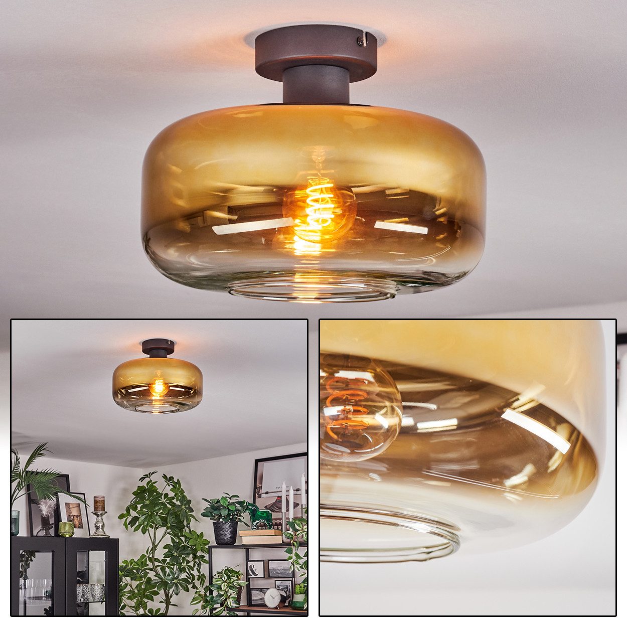 hofstein Deckenleuchte 1-flammige Deckenlampe aus Metall/Glas in Schwarz/Goldfarben/Klar, ohne Leuchtmittel, im Retro/Vintage-Design (Schirm Ø 28 cm), E27