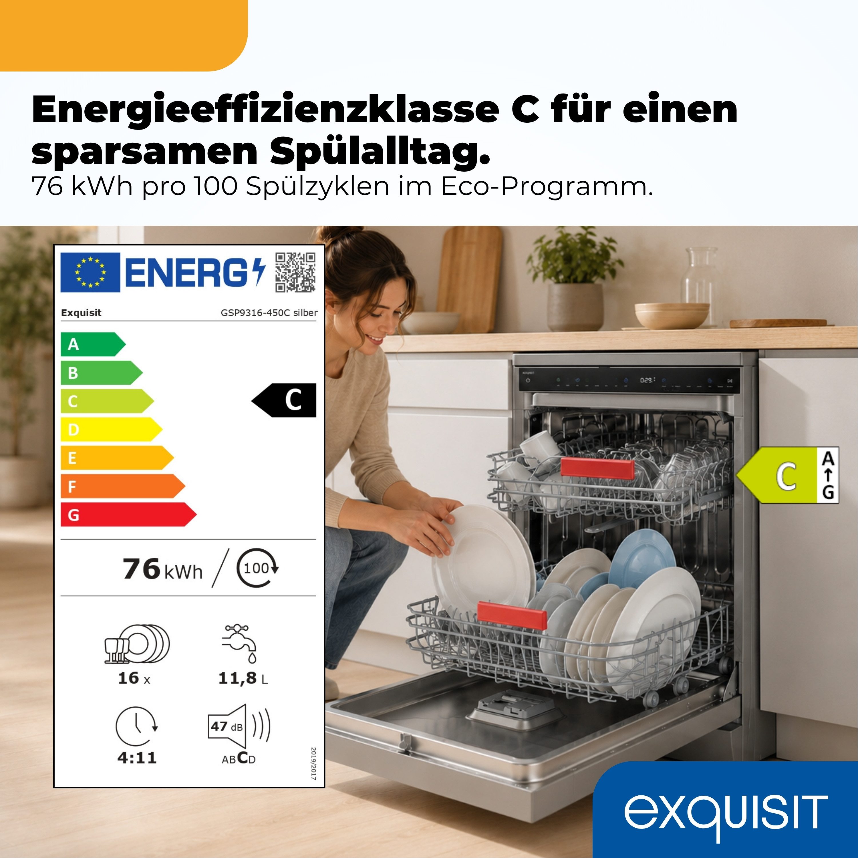 exquisit Standgeschirrspüler GSP9316-450C silber, 10,9 l, 16 Maßgedecke, 16 Maßgedecke, LED, Besteckschublade, Auto Door Open, AquaStop – Bild 3 von 5