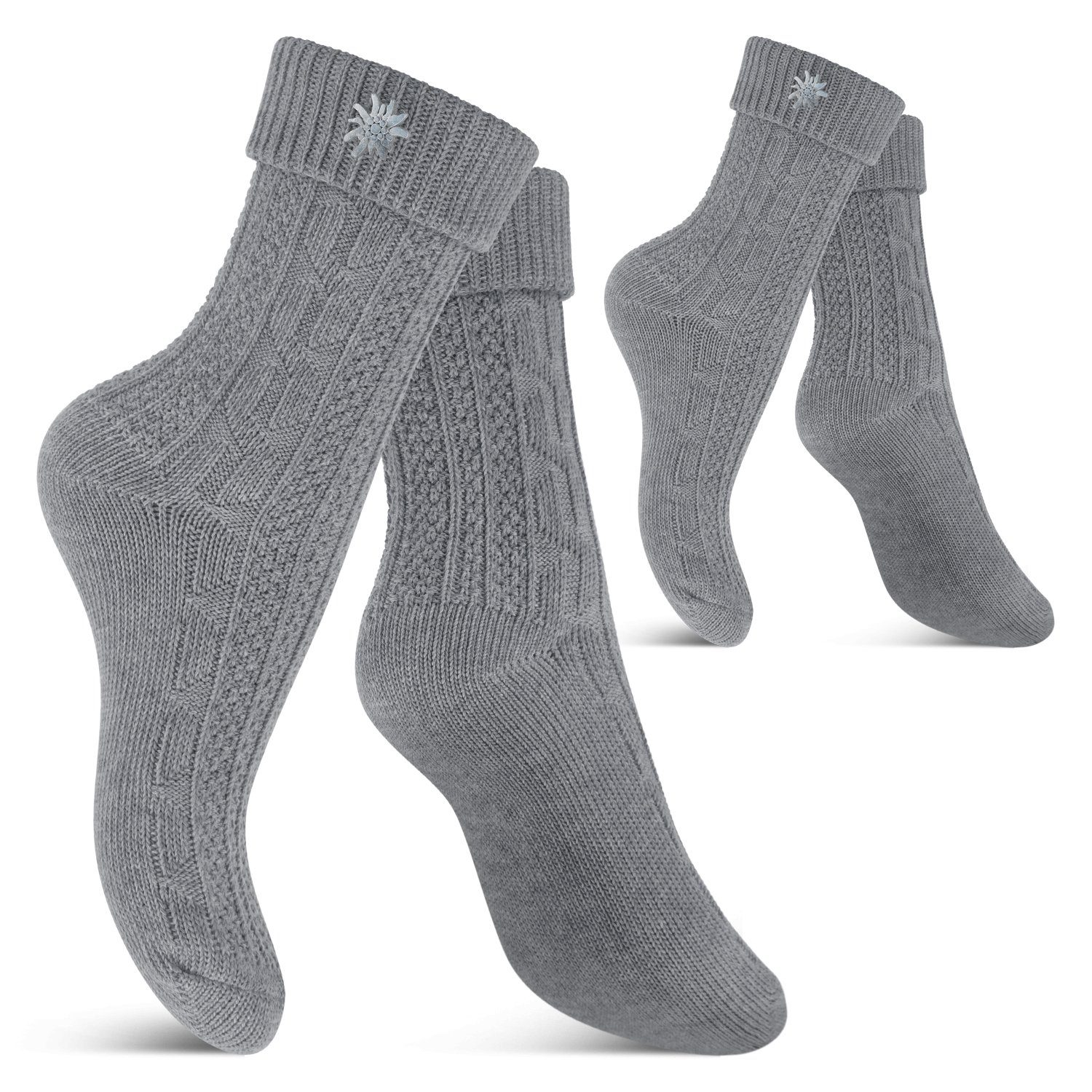 celodoro Trachtensocken Trachten Socken (2 Paar) mit Edelweiß-Pin für Damen & Herren Grau | Trachtensocken