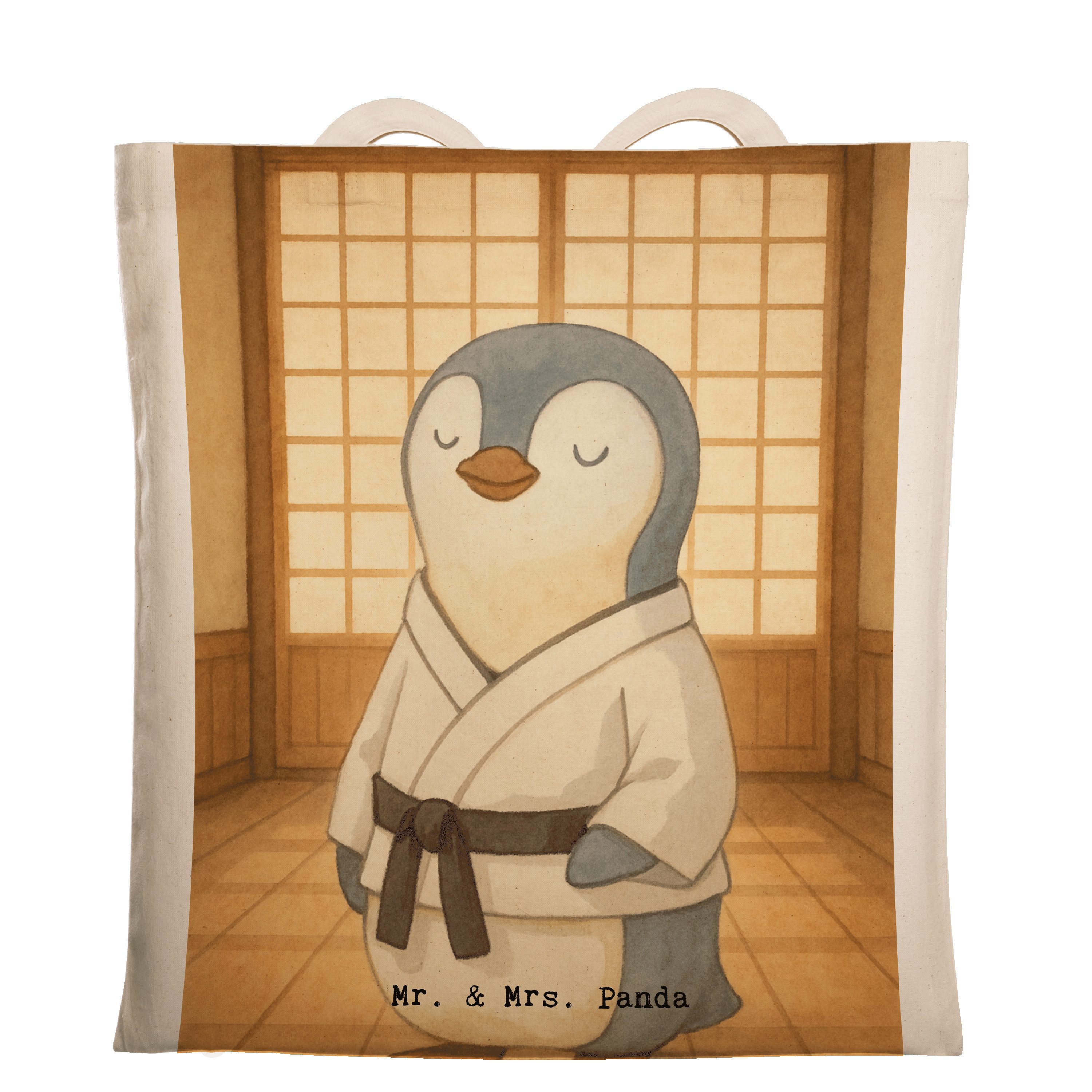 Mr. & Mrs. Panda Tragetasche Pinguin Karate Design, Jutebeutel, Weiß, Kampfkunst, Verein, Jutebeut (Packung), Unitasche Jutebeutel schulterbeutel