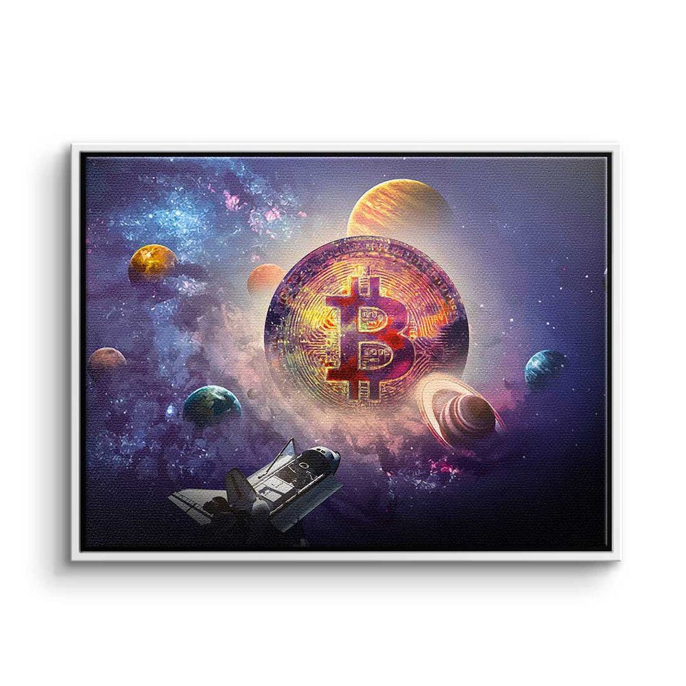 Bitcoin Leinwandbild Rahmen - - Universum Trading silberner Motivat Universum, - Crypto Leinwandbild - Bitcoin DOTCOMCANVAS® Premium
