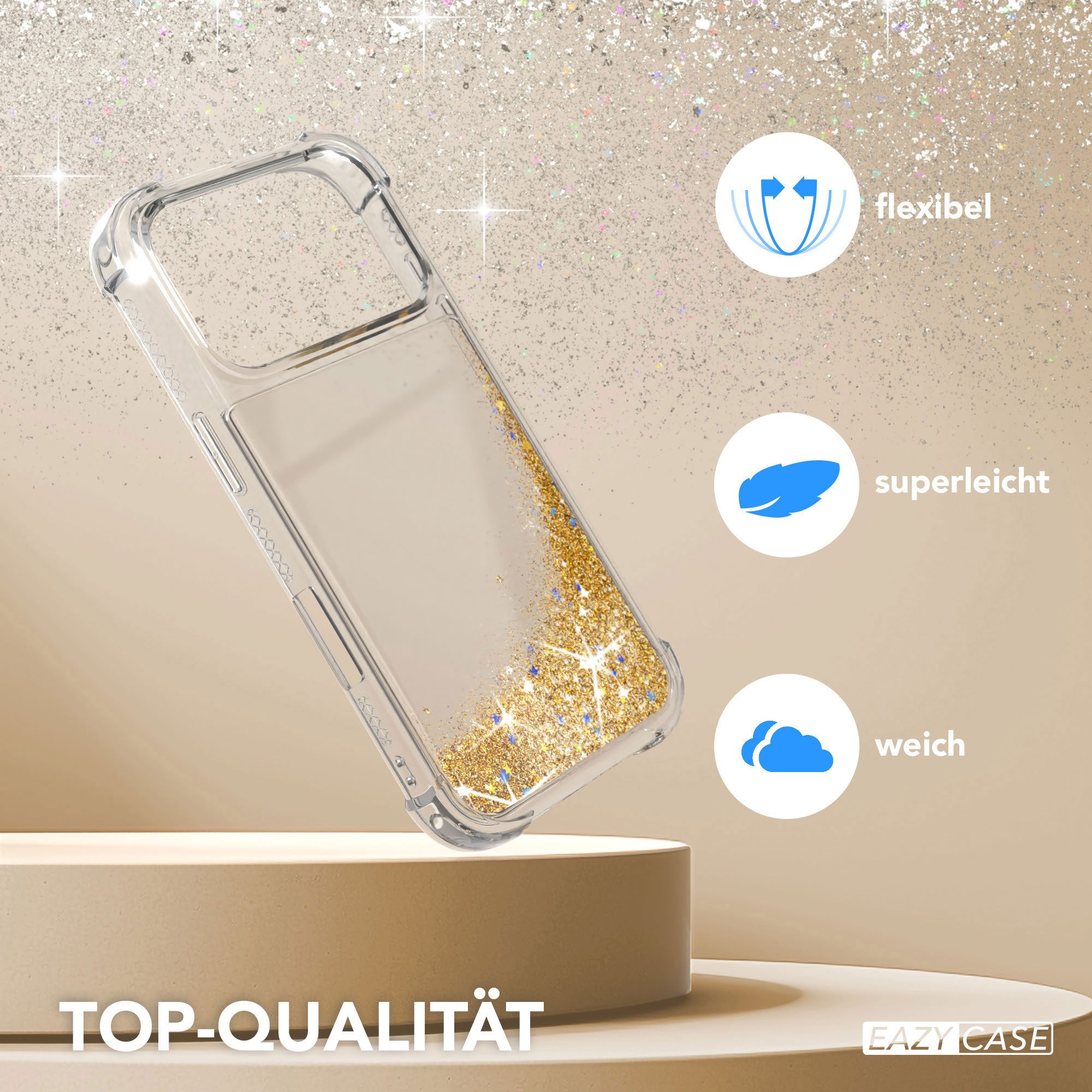 EAZY CASE Handyhülle Liquid Glittery Case für Apple iPhone 17 Pro 6,3 Zoll, Durchsichtig Back Case Handy Softcase Silikonhülle Glitzer Cover Gold – Bild 3 von 5