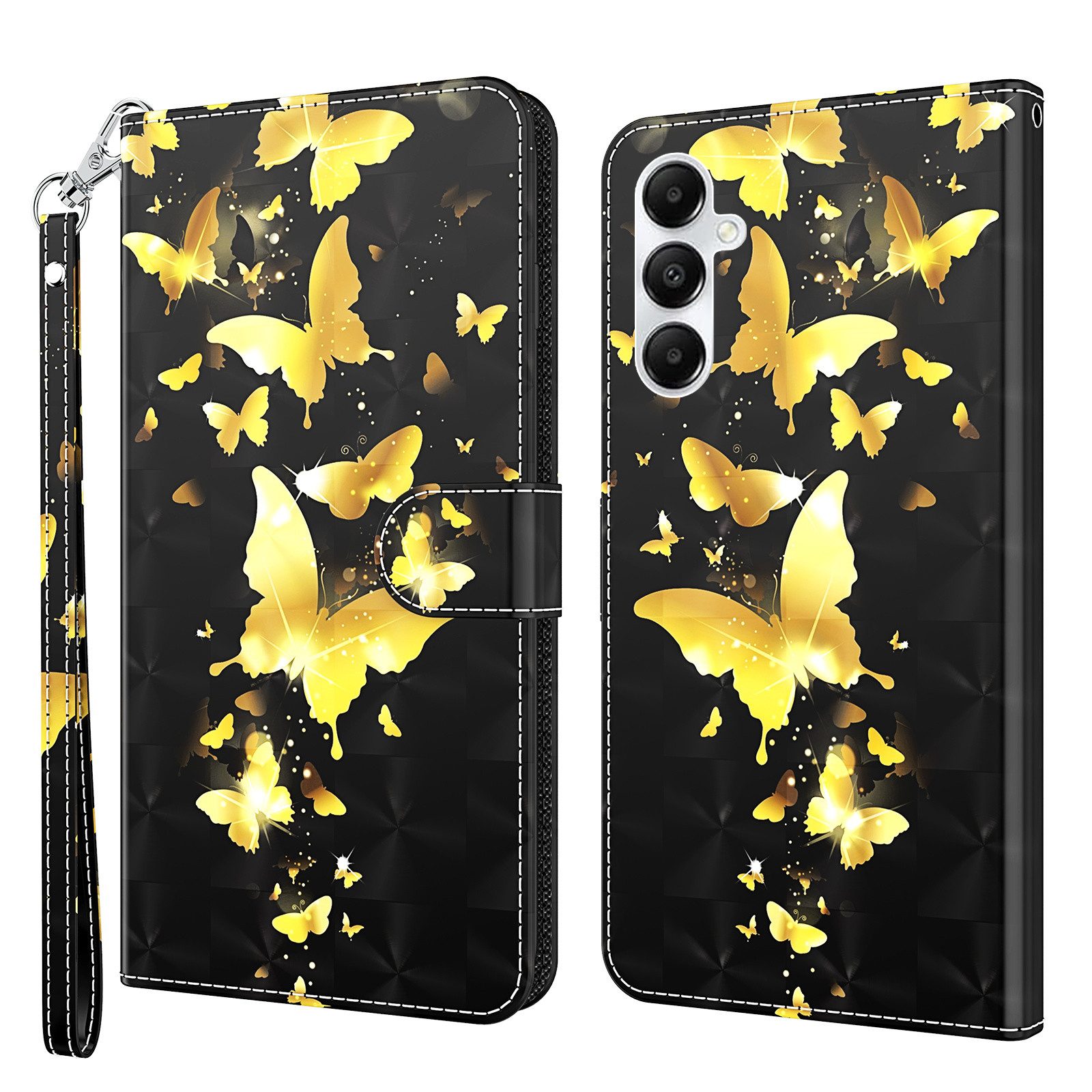 CLM-Tech Handytasche für Samsung Galaxy A16 / A17 5G Hülle aus Kunstleder Klapphülle (Schmetterlinge gold schwarz, Handyhülle mit Standfunktion - Wallet Flip Case inklusive Kartenfächer), Cover mit Magnetverschluss