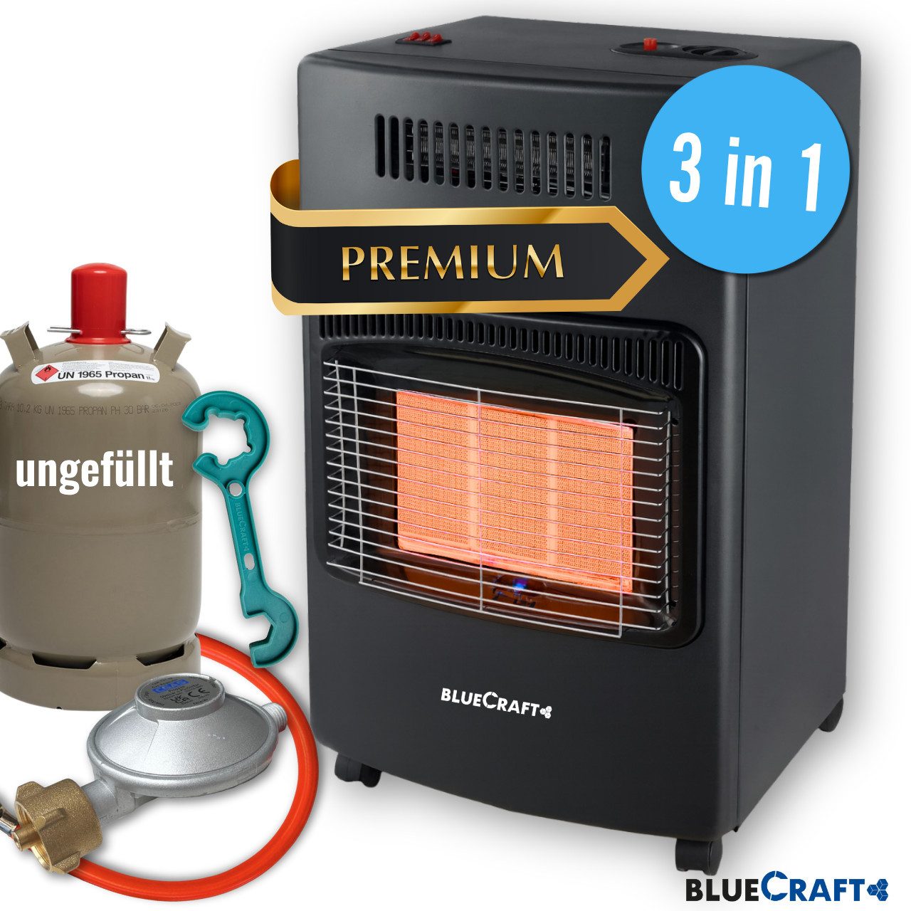 BlueCraft Heizstrahler Gasheizer Infrarot Gasofen Campingheizung Keramik, 4200 W, Druckminderer Gasregler Gas-Heizung für Gasflasche Elektroheizung