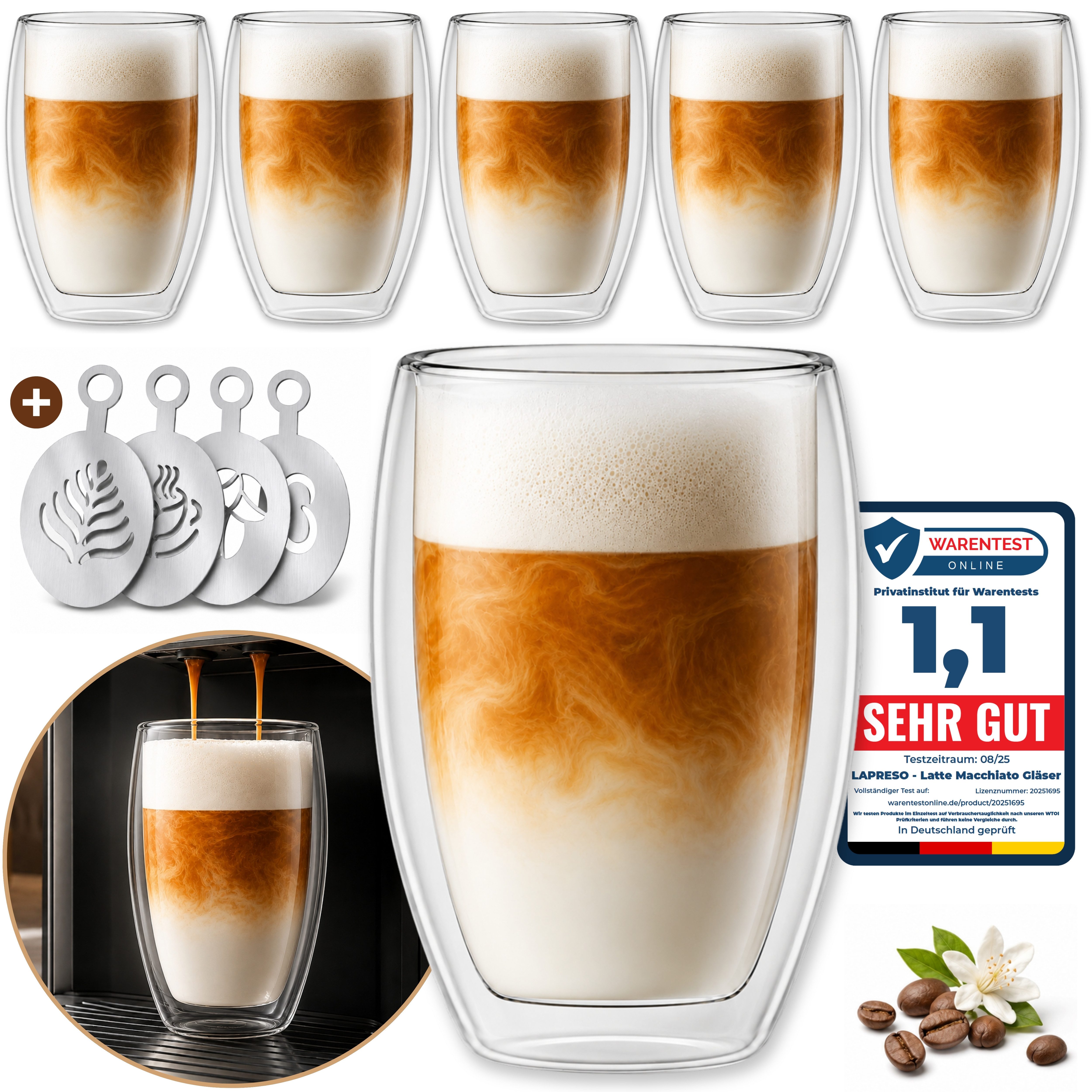 LAPRESO Latte-Macchiato-Glas Doppelwandig, Thermogläser Kaffeegläser Set 350 & 450 ml, 6-tlg., Borosilikatglas, 6er Set, 4x Latte Art Schablonen