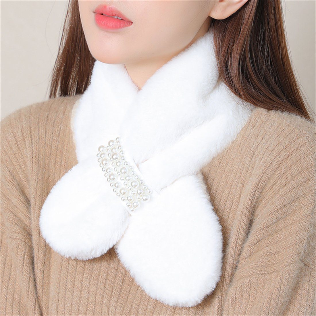 DÖRÖY Modeschal Frauen Perle Kreuz Plüsch Schal, Mode Warm Faux Otter Kaninchen Schal Weiß