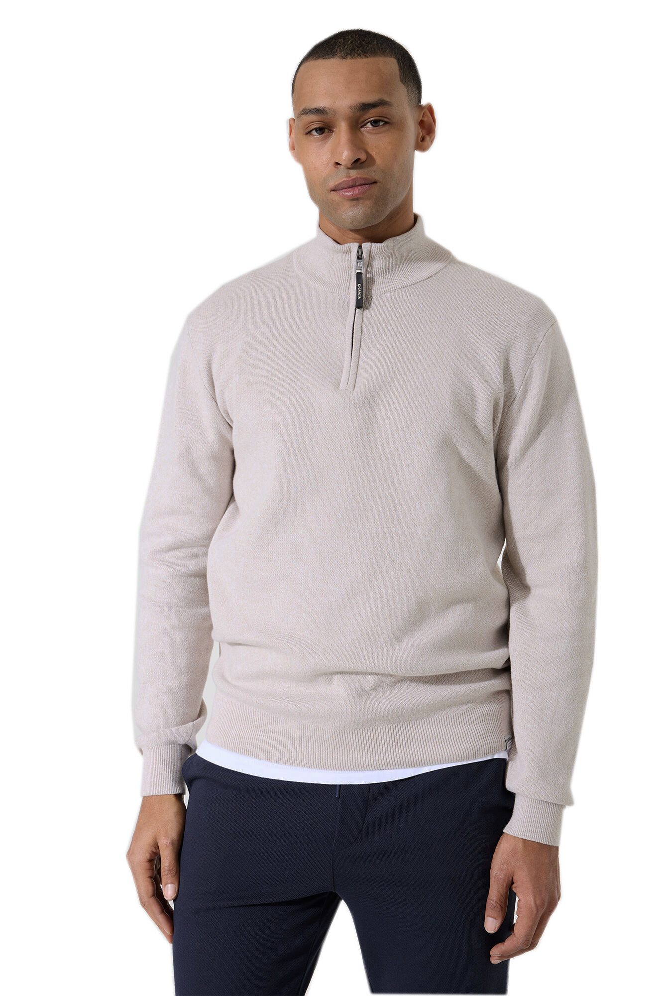 Garcia Rundhalspullover Garcia Herren Pullover Troyer-Zip - sand (1-tlg)