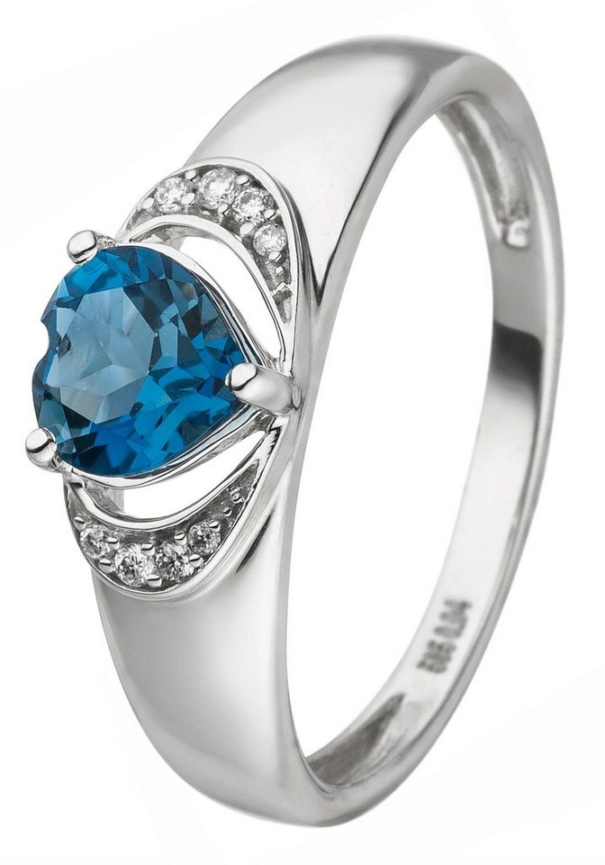 JOBO Fingerring Herz-Ring, 585 Weißgold mit Blautopas und 8 Diamanten