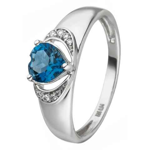 JOBO Fingerring Herz-Ring, 585 Weißgold mit Blautopas und 8 Diamanten