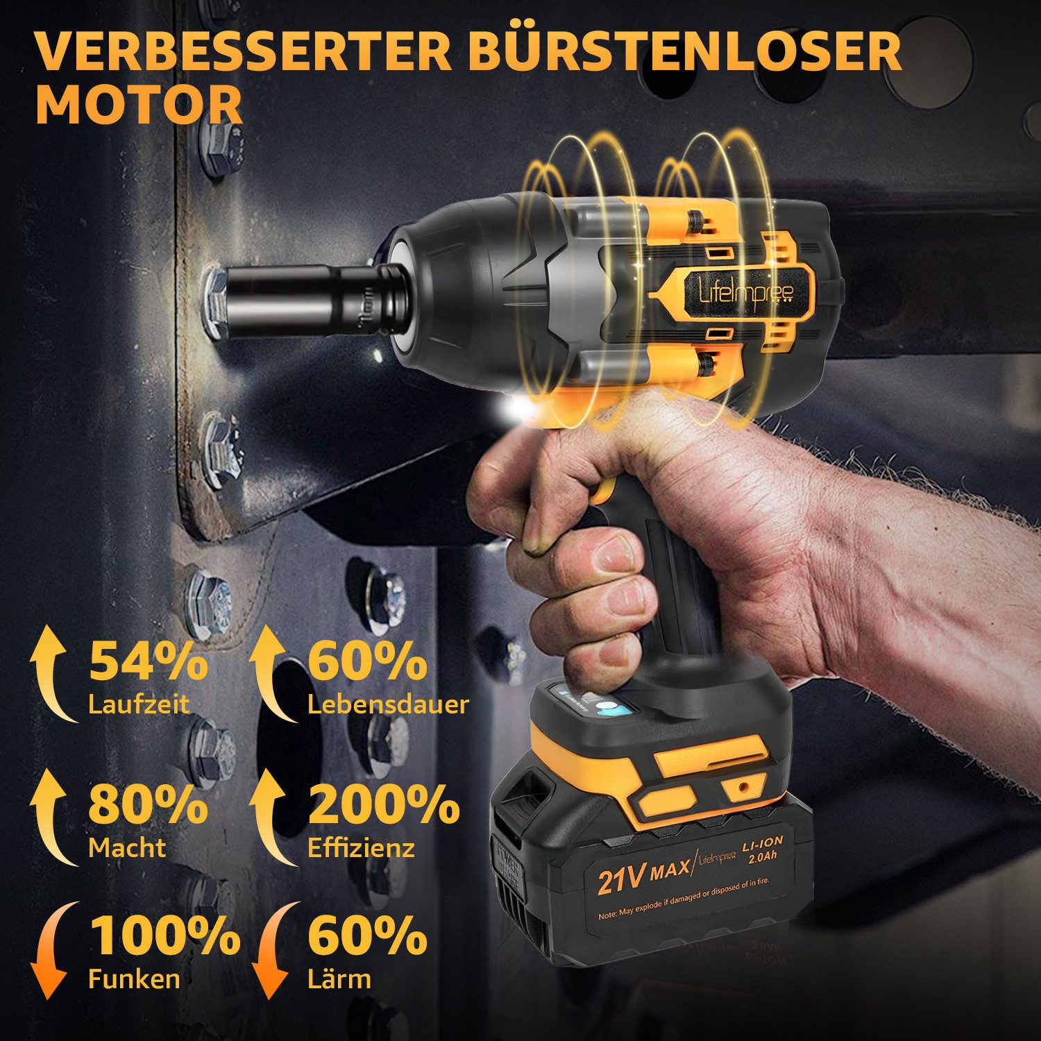 LifeImpree Akku-Schlagschrauber Schlagschrauber 1000Nm(740Ft-lbs), Bürstenlos, 3-Gang & AutoStop-Modus, 2400 U/min, 1000 Nm, Mit 2 × 2,0 Ah Akku, 5 Steckschlüss – Bild 5 von 5