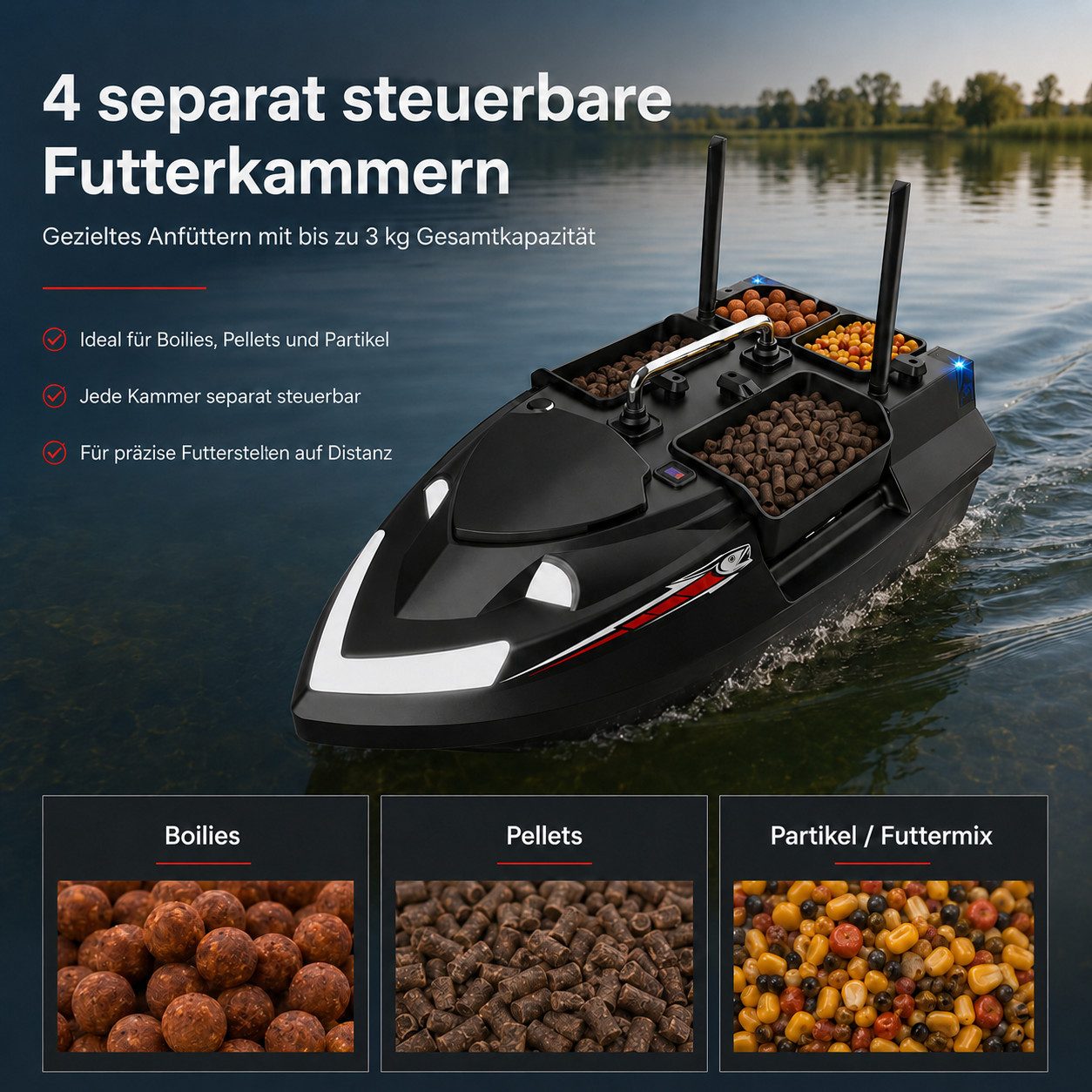 Tekoo RC-Boot Futterboot 3kg, 4 Kammern, Gyroskop & 500m Reichweite, inkl. 2 Akkus (Set, Komplettset mit 2 Akkus), Gyroskop-Stabilisierung, 3kg Ladekapazität, 500m Reichweite