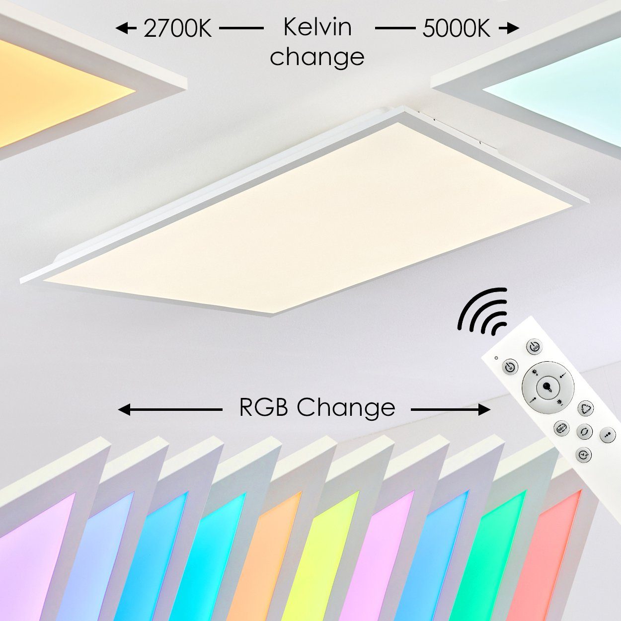 hofstein Kelvin, Fernbedienung mit Panel dimmbare Panel eckiges und LED in RGB CCT Deckenpanel Lumen, aus 2700-5000 3000 »Posmon« Kunststoff Farbwechlser weiß,