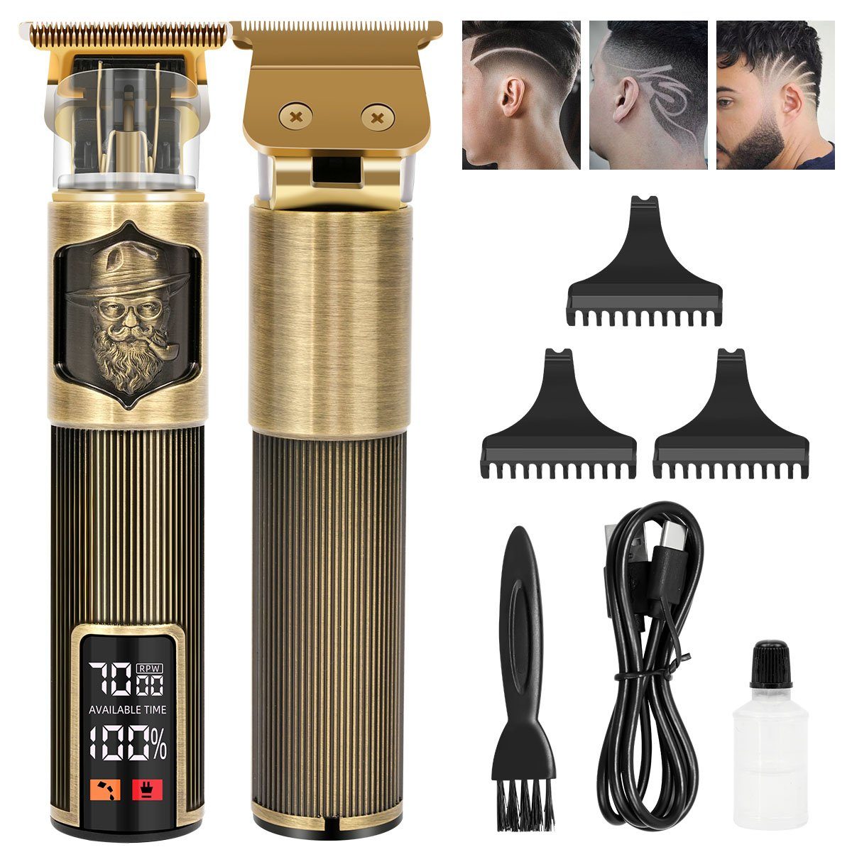 7Magic Haar- und Kabellose Barbierschere, Männer für Kahle Haarschneidemaschine Wiederaufladbare Gold-1204 Haarschneider Bartschneider