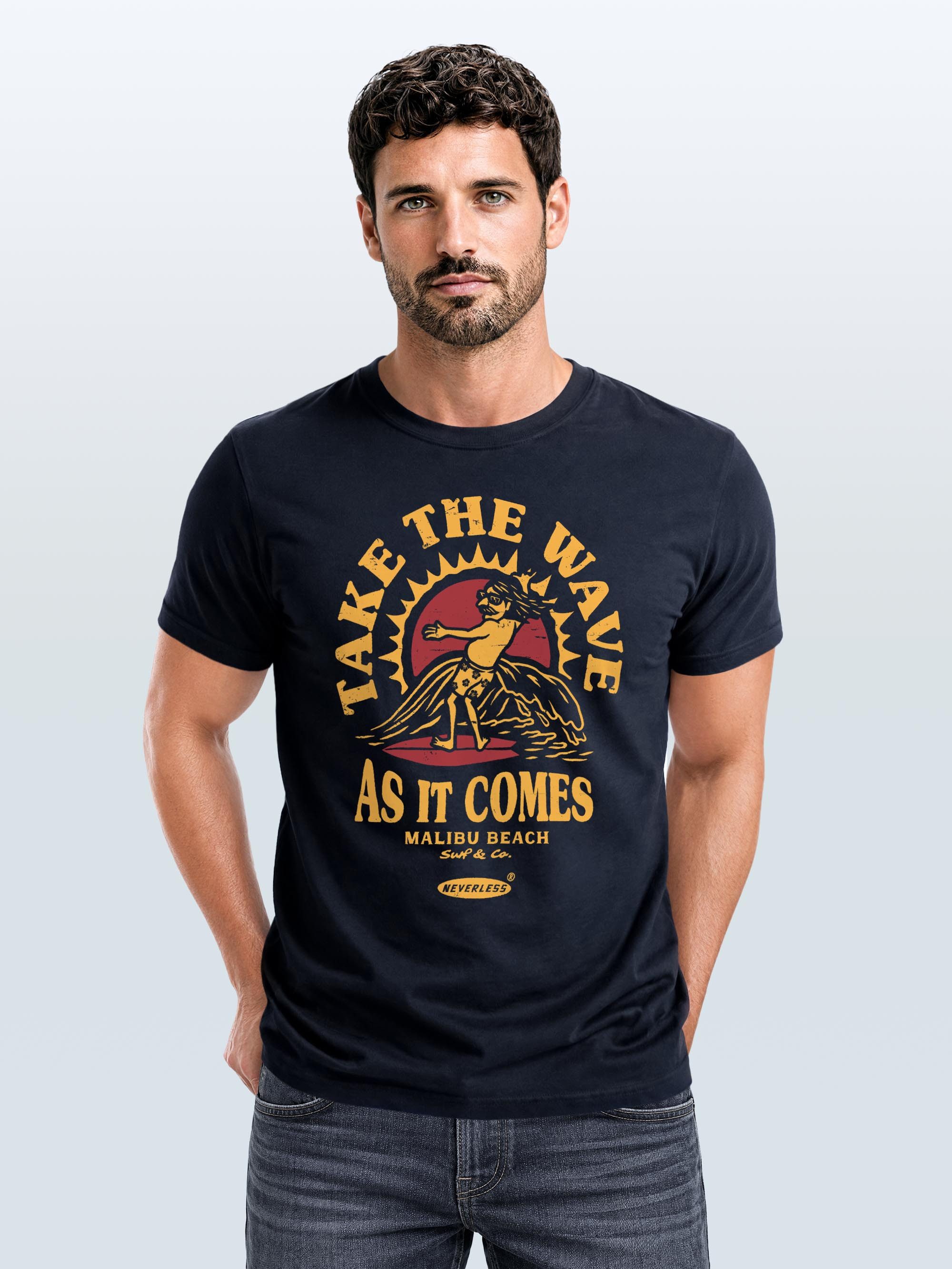 Neverless Print-Shirt Herren T-Shirt Surfer Spruch Take the Wave Welle Surfing Fashion mit Print