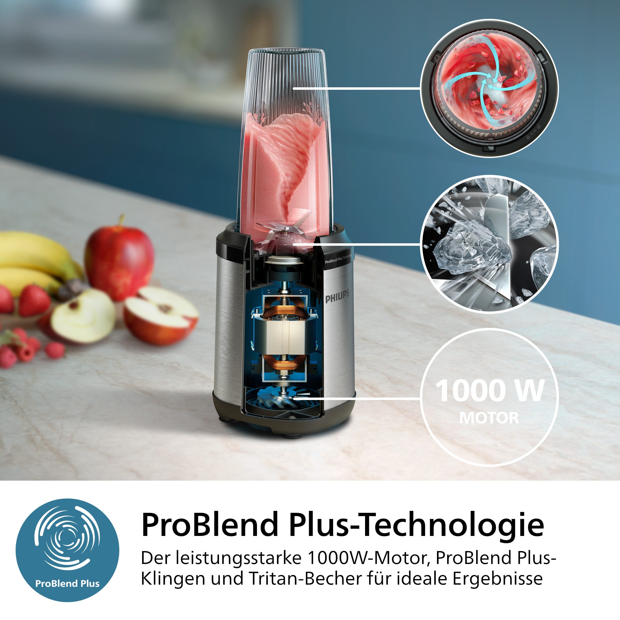 Philips Standmixer HR2767/00 5000 Series, mit ProBlend Plus-Technologie, 1000 W, 3 Becher (700, 500, 300 ml), kompaktes Design; Schwarz/Edelstahl