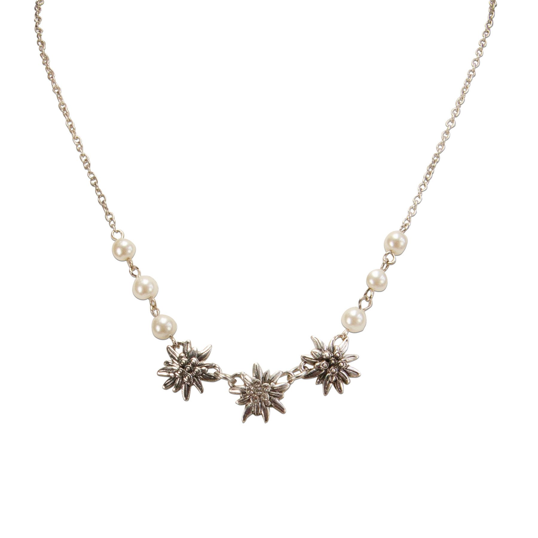 Alpenflüstern Collier Metall-Trachtenkette Strass-Edelweiss Trilogie (antik-silber-farben), - Damen-Trachtenschmuck Dirndlkette