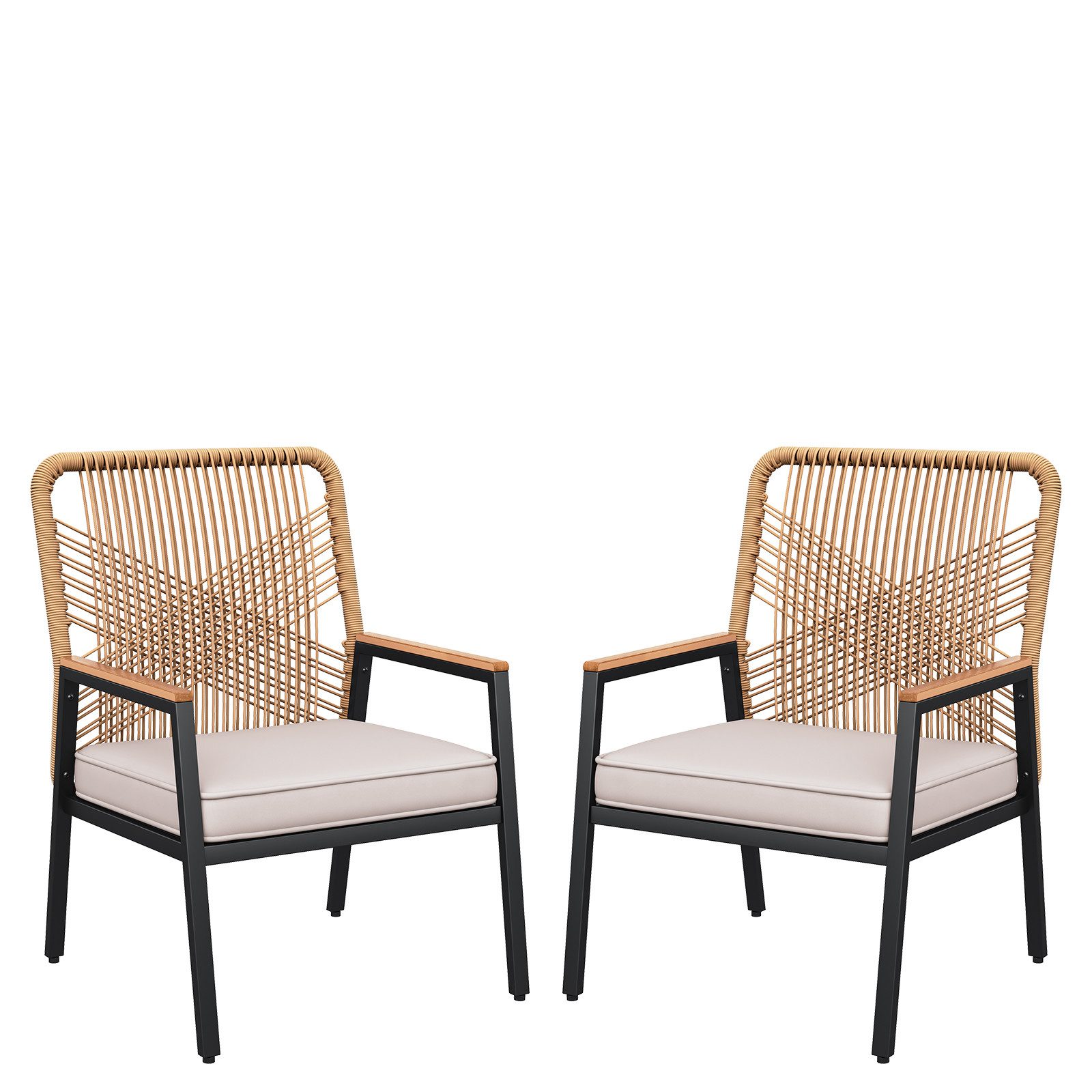 TLGREEN Gartenstuhl Eisen-Rattan Gartensessel,verbreiterter Sitz, (Balkonstühle Metall und Rattan, mit 8 cm dicken Sitzkissen, 2 St), 160 kg Belastbar für Terrasse, Garten und Veranda