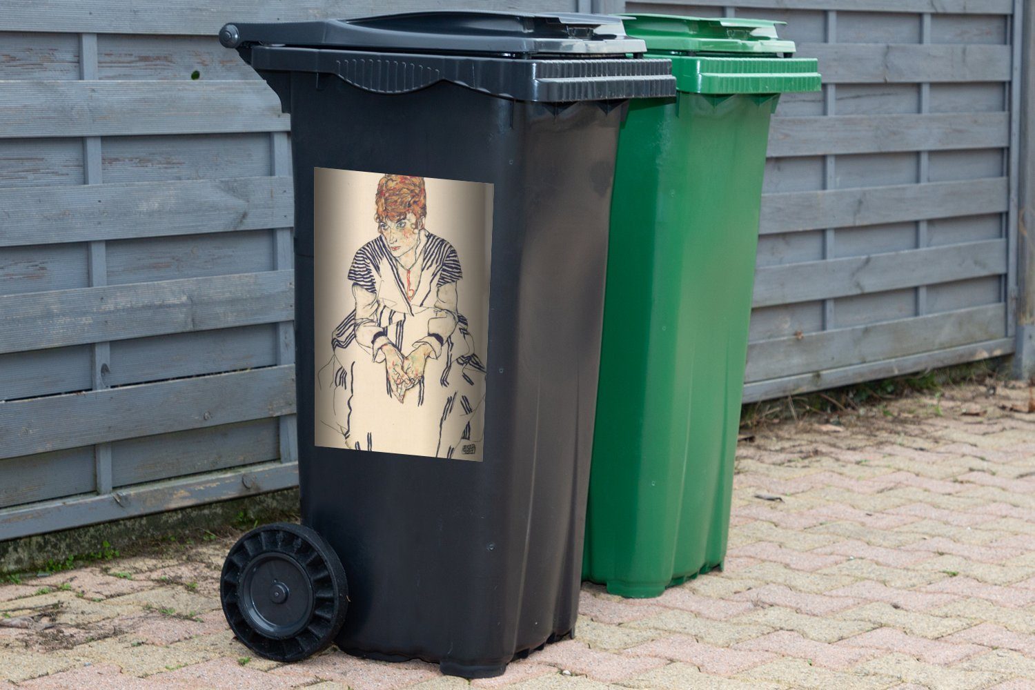 Wandsticker Porträt Edith schiele - Sticker, (1 Mülleimer-aufkleber, von MuchoWow Container, Egon St), Frau Mülltonne, der des Abfalbehälter Künstlers Schiele,