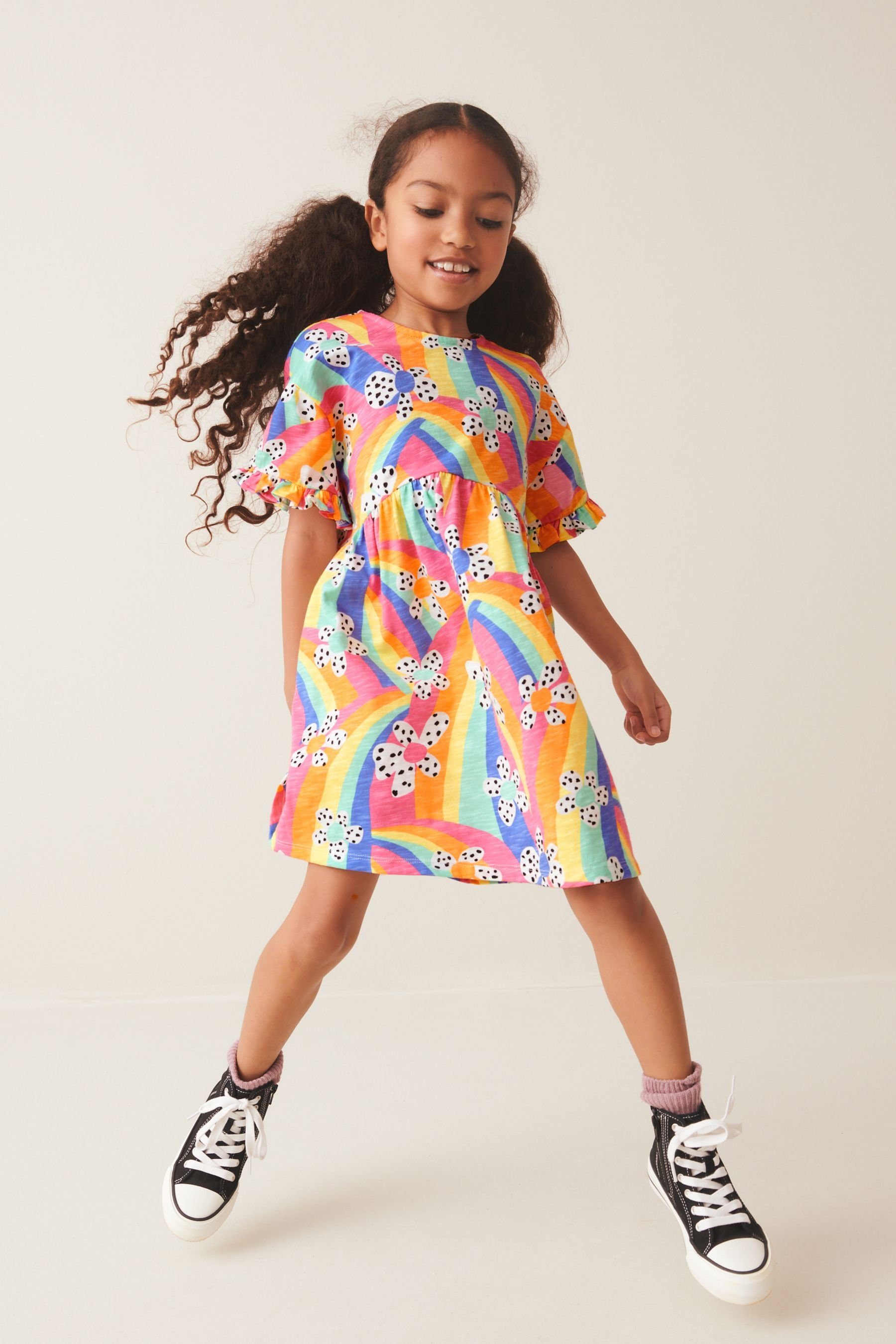 Next Pink/Blue/Green Kurzärmliges Jersey-Kleid (1-tlg) Print Flower Rainbow Jerseykleid