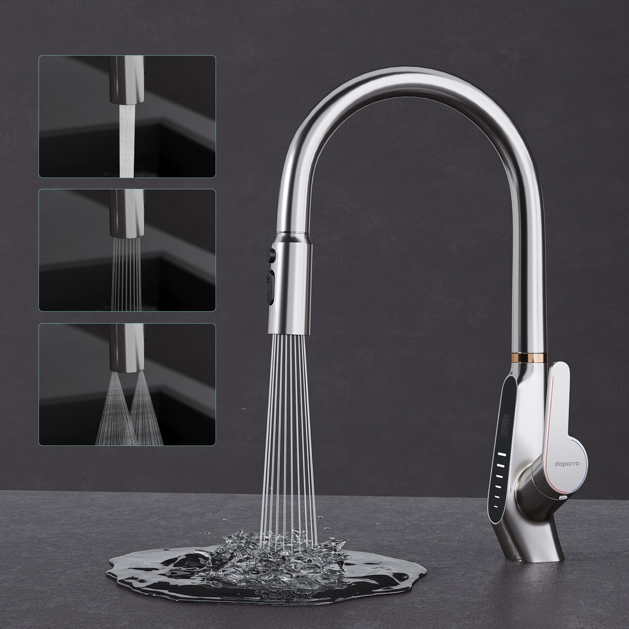 Mai & Mai Küchenarmatur Spültischarmatur 360° schwenkbar mit LED-Digitalanzeige MS-8085 DIN-Anschlüsse, Verdeckter Sprühkopf, Wassersparender Waben-Perlator