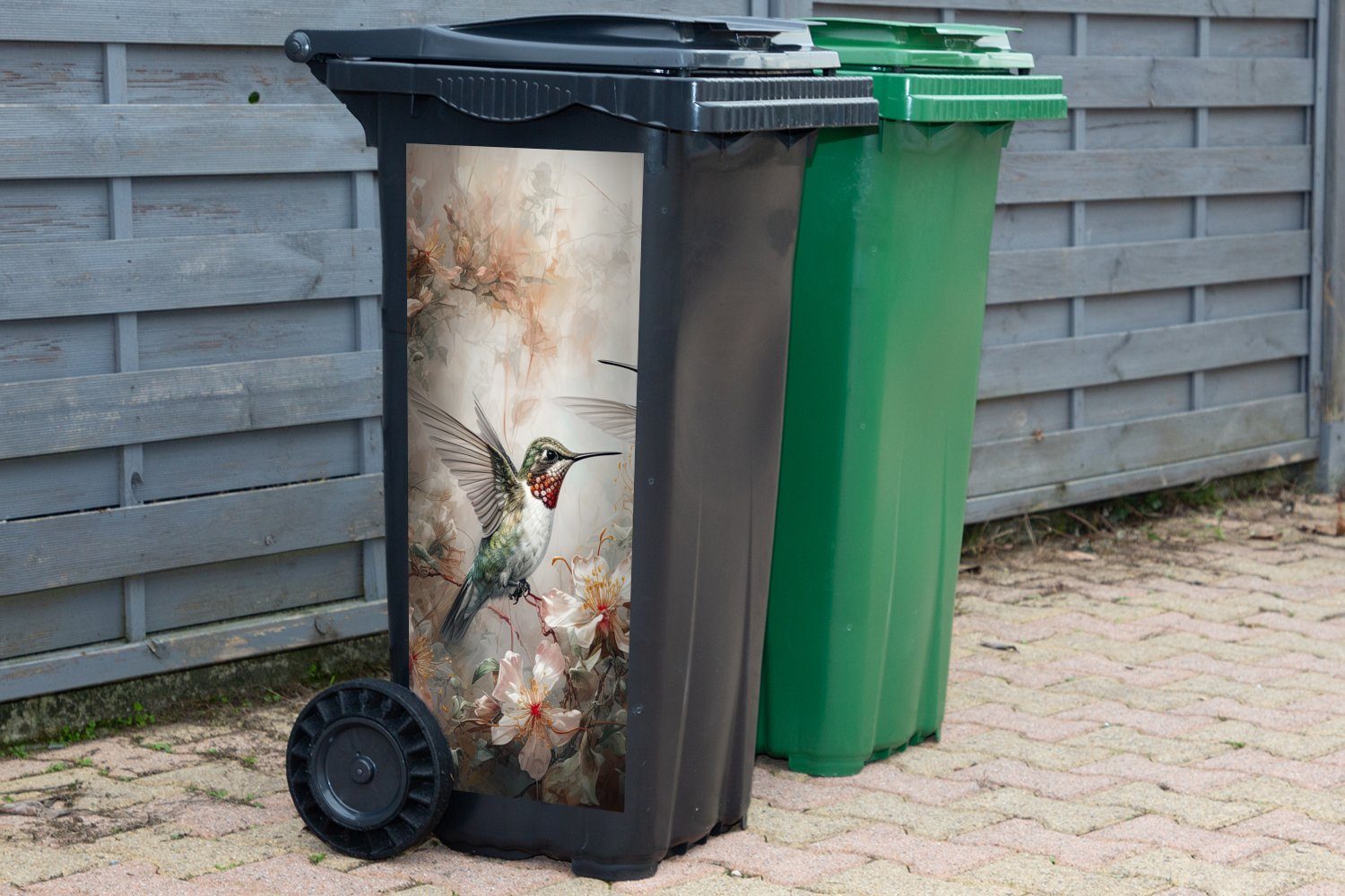Mülleimer-aufkleber, (1 Abfalbehälter Blumen - - Kolibri MuchoWow Vögel Pflanzen Mülltonne, Wandsticker St), Container, Sticker, -