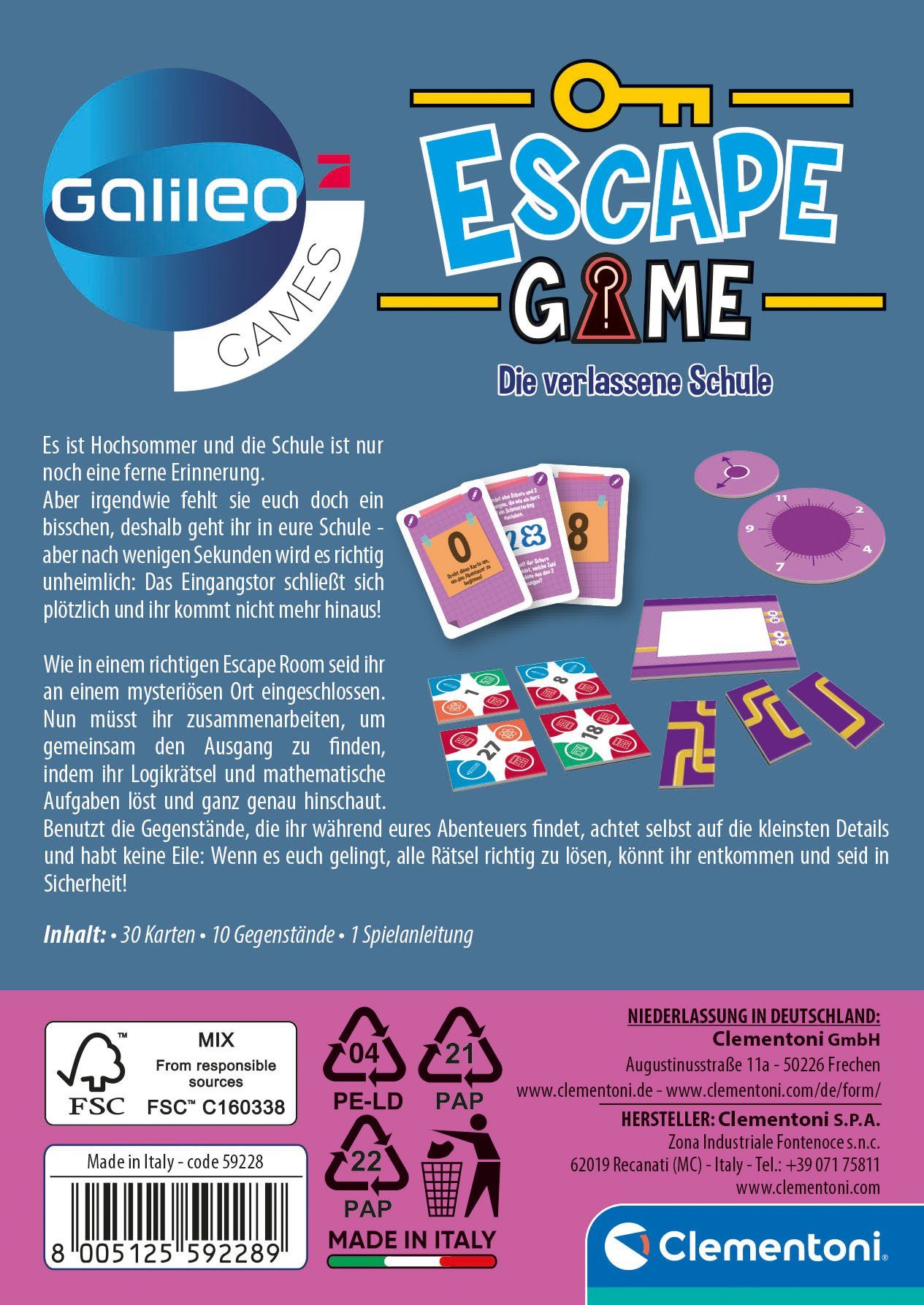 Clementoni® Spiel Galileo, Escape Game Die verlassene Schule, Detektivspiel, Made in Europe