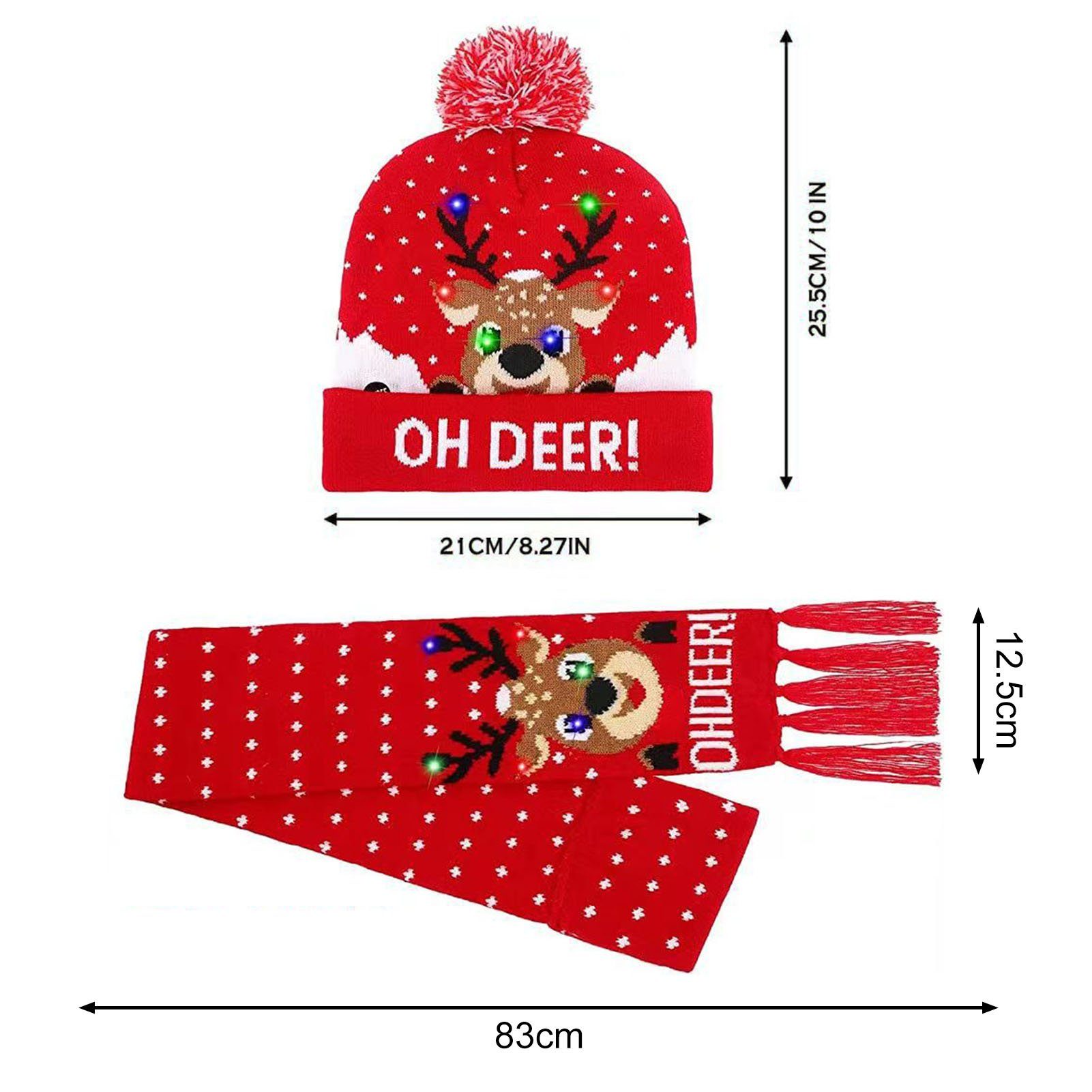 Rutaqian Mütze Rot LED-beleuchtetes und Schal Schal 5 Stile, Quasten-Schal-Mütze-Set, & Unisex) (Schneeflocke/Weihnachtsmann/Elch/Weihnachtsbaum/Druck Weihnachtsmützen Set