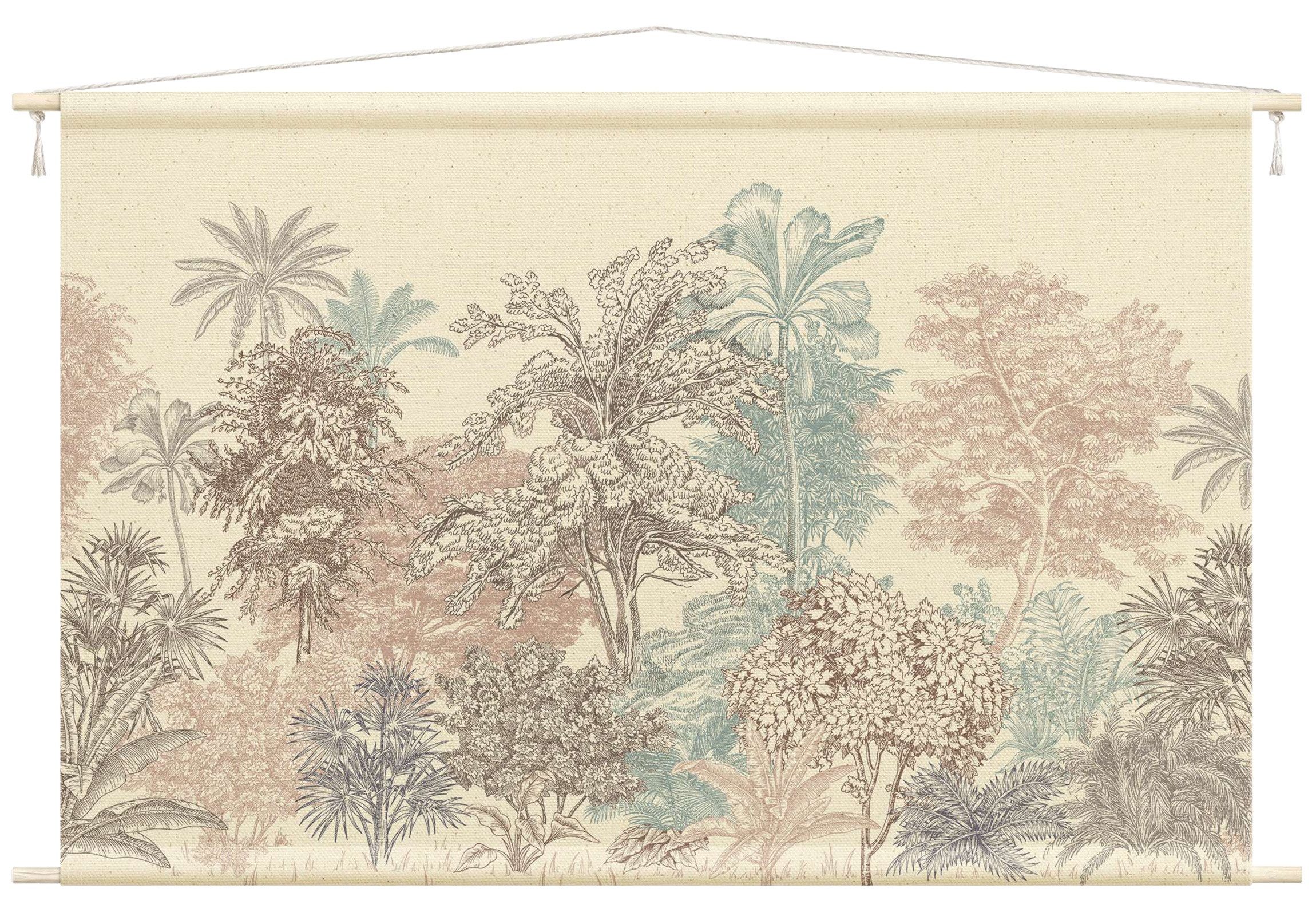 Bilderdepot24 Wandteppich modern Wald Tropisch Natur Vintage pastell, rechteckig, Höhe: 2.6 mm, großes Wandbild aus Natur-Baumwolle Wandbehang Stoffbild Tuch Wollseil