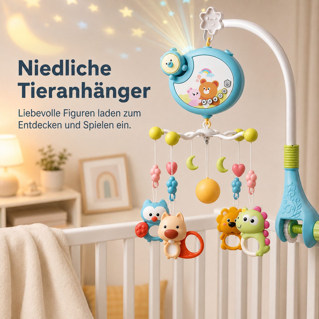 Luckice Mobile 3in1 Traumbärchen Mobile,mit Musik und Sternenprojektor, (drehbares Musikmobile mit Tieranhängern und Schraubklemme, Blau)